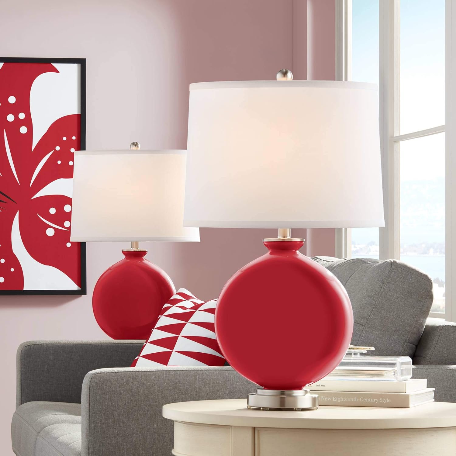 Color + Plus Carrie 26 1/2" Tall Round Modern Table Lamps Set of 2 Ribbon Red Finish Glass White Shade Living Room Bedroom Bedside Nightstand House Office Home Reading Kitchen Entryway Console