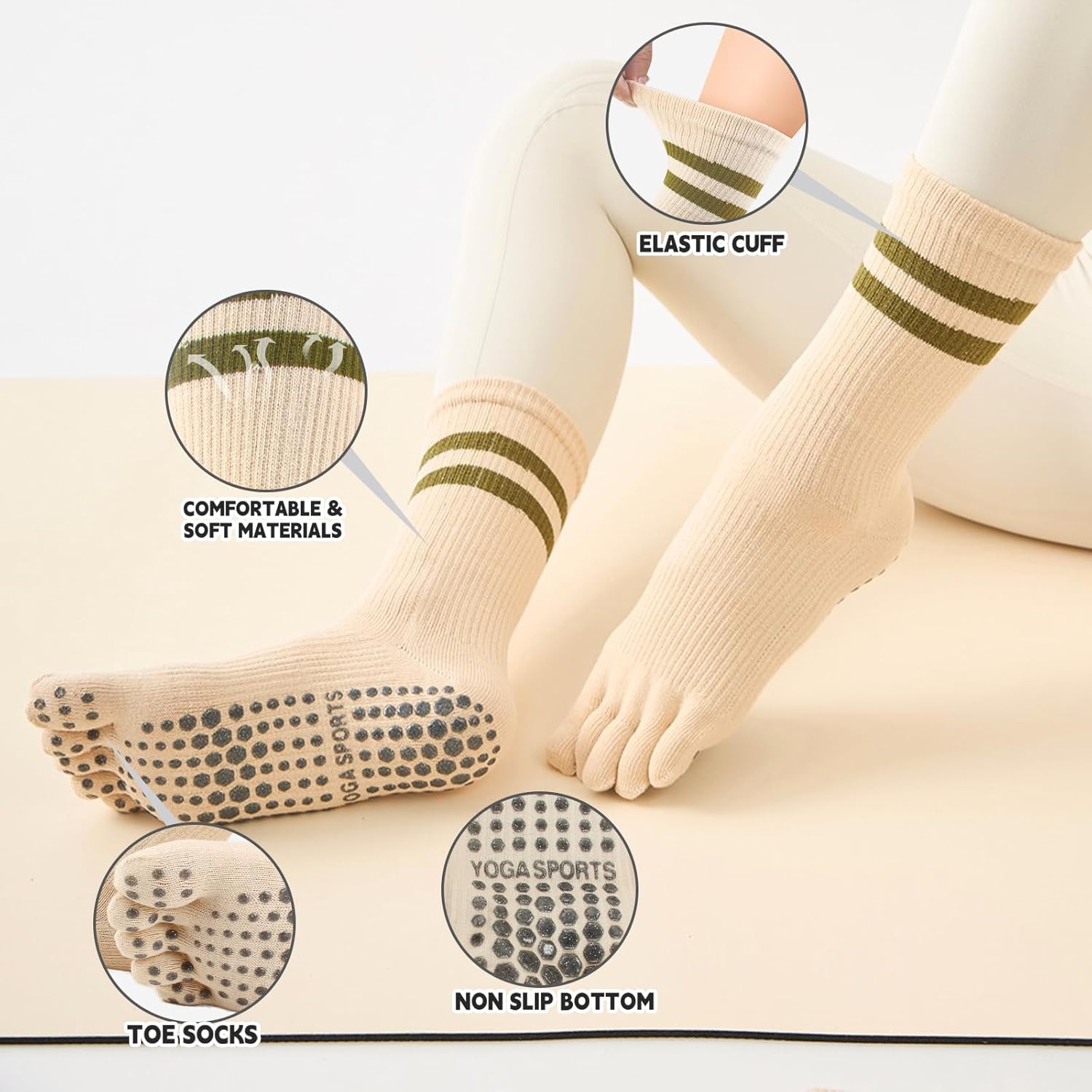 Pilates Socks for Women, Non Slip Yoga Five Toe Grippy Socks for Hospital Barre Sticky Gym Slipper Socks 4 Pairs - Image 4