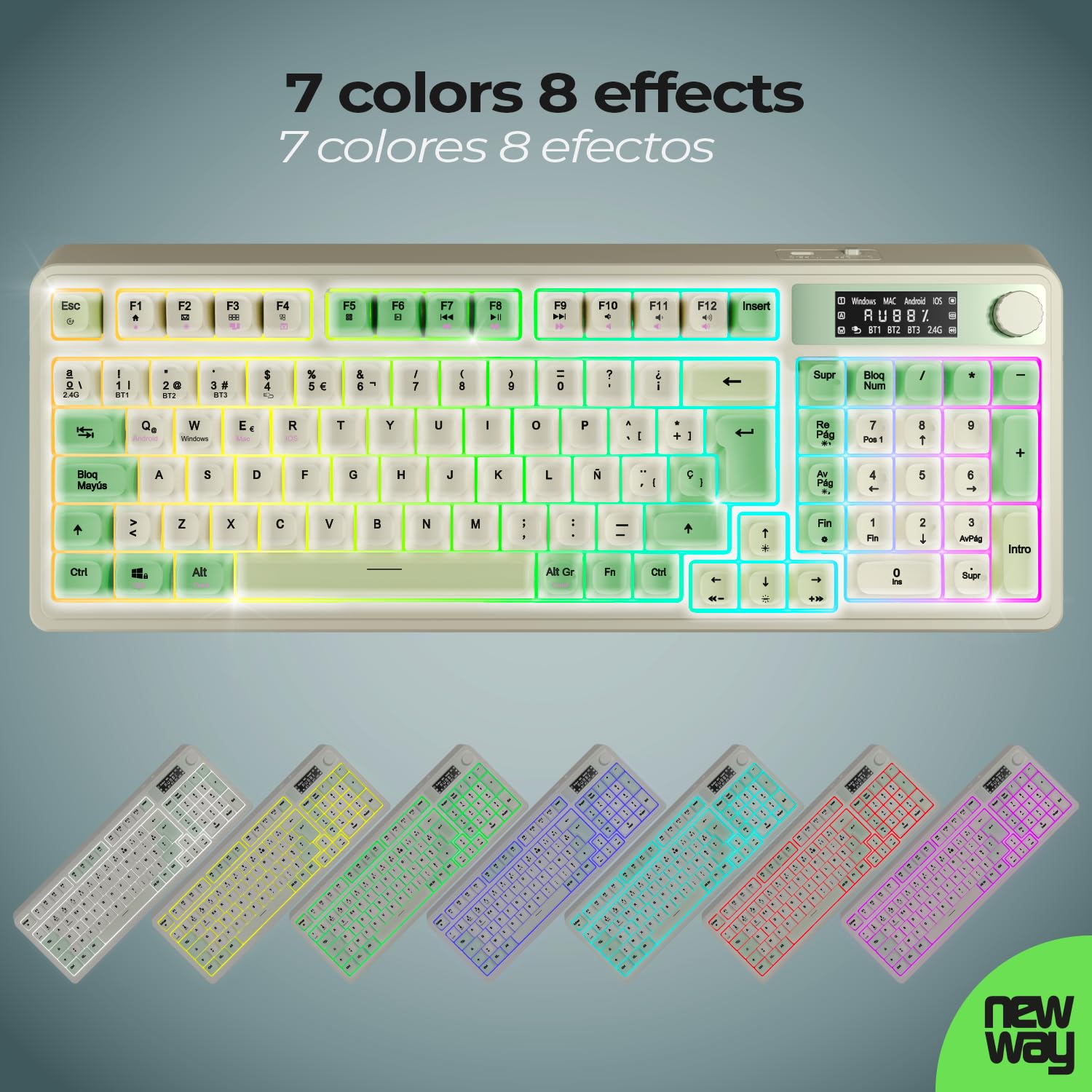 NEWWAY NK251 – Teclado inalámbrico Recargable Pantalla LCD Rueda Multifunción - QWERTY español – Triple Modo (WiFi 2.4 GHz, BT, USB-C) – RGB – Receptor USB Integrado en la Parte Trasera