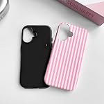 NITITOP Compatible with iPhone 16 Case Matte Cute Vertical Stripes for Women Girls Men Boy Striped Pattern Hybrid 2 Layers Back Shockproof Protective Cover - Pink