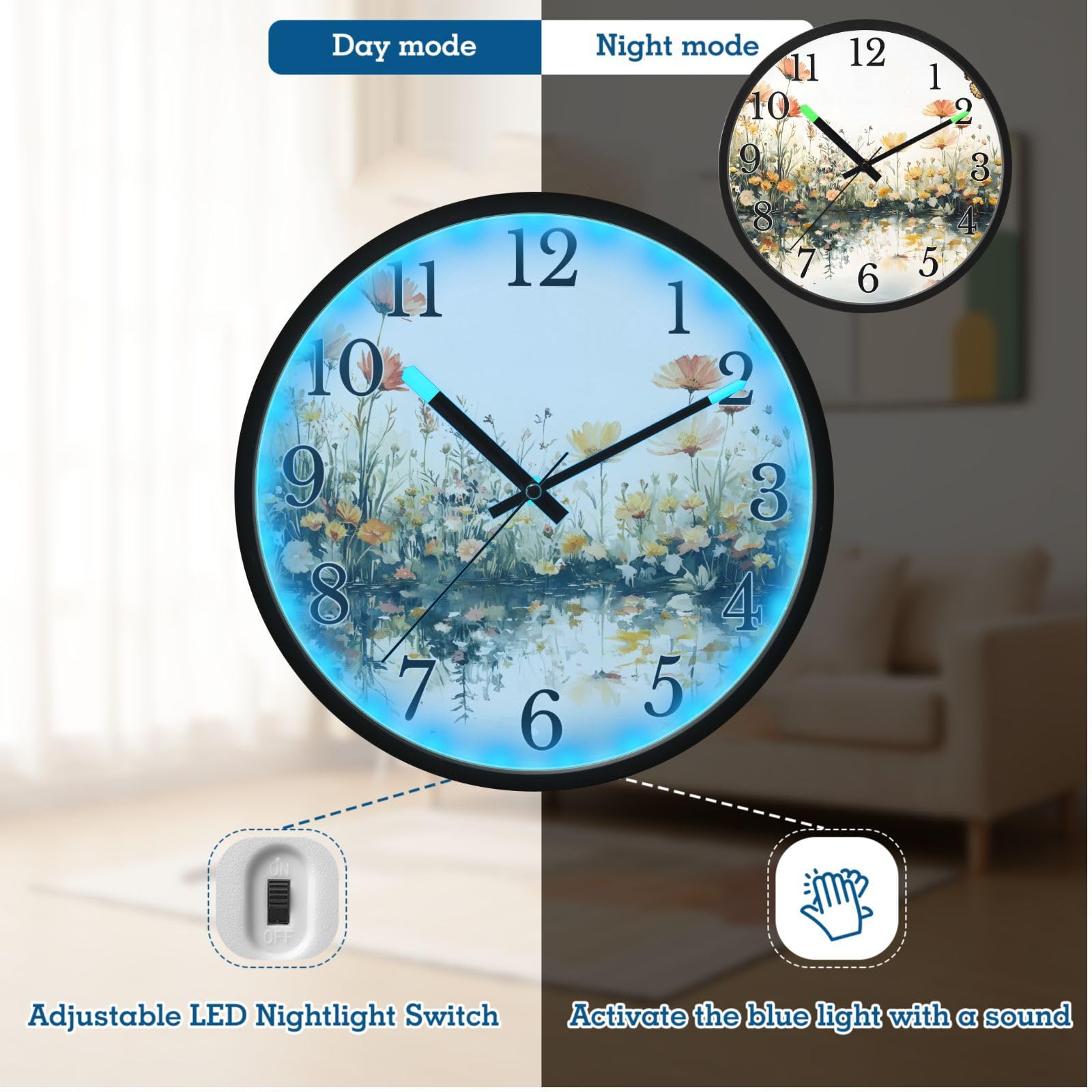 Mnsruu Reloj de pared luminoso con diseño de mariposas y flores, funciona con pilas, reloj silencioso que brilla en la oscuridad, para sala de estar, cocina, 30,5 cm