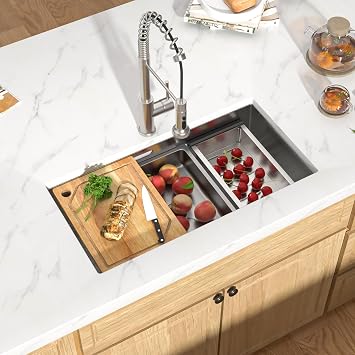 32 Undermount Kitchen Sink - 32"x17" Two-Tiered Ledge Workstation 16 Gauge Single Bowl Undermount Sink Stainless Steel All-In One Under Counter Sinks Upgraded Fast Drain & Anti-Clog #TLU-0031