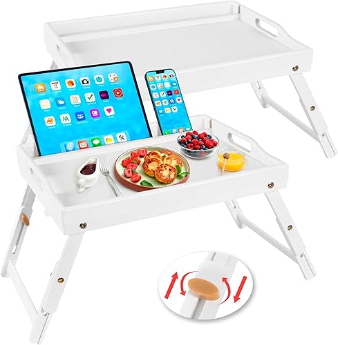 Greenual Paquete de 2 bandejas de cama con asas y patas plegables, bandeja de bambú para desayuno con ranura para medios, uso como plato, escritorio