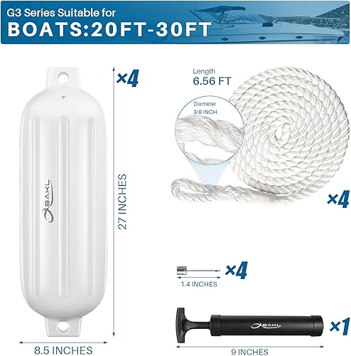 Miniatura 10 de Paquete de 4 defensas de barco de 8.5 x 27 pulgadas, acanaladas con ojos gemelos, parachoques para acoplamiento, viene con cuerdas y bomba para
