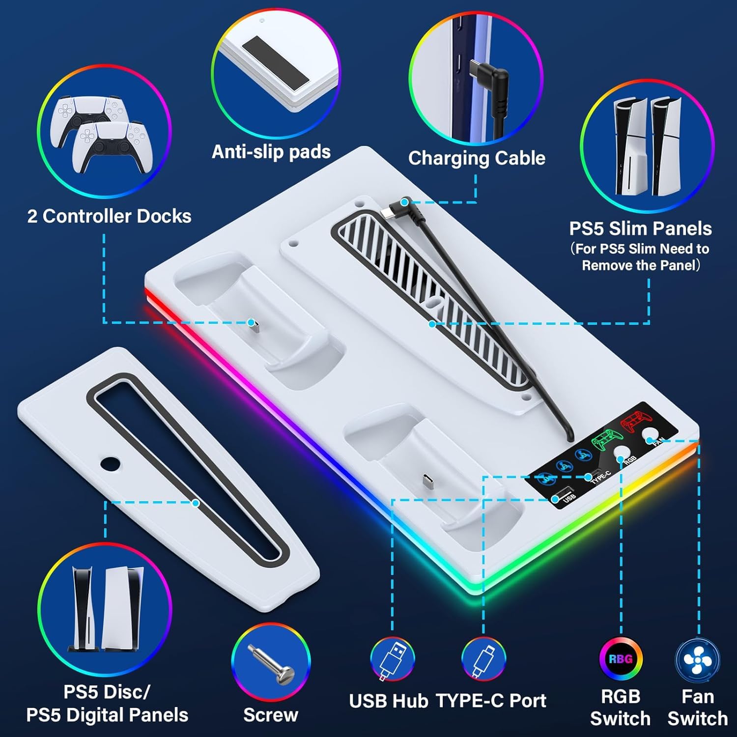 3 en 1 Support PS5 avec Chargeur Manette et Ventilateur à 3 Vitesses, Socle PS5 pour PlayStation 5 Pro/Slim & Standard Disque/Numérique, Refroidisseur PS 5 avec RGB et 2 Ports USB