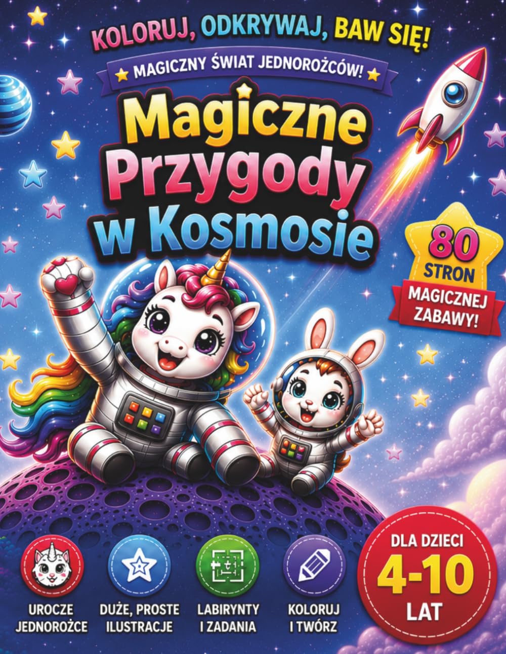 Magiczna Przygoda w Kosmosie: Kolorowanka z Jednorożcami dla Dzieci: 80 Stron Zabawy, Labirynty, Łamigłówki i Duże Obrazki do Kolorowania dla Dziewczynek i Chłopców 4-10 Lat