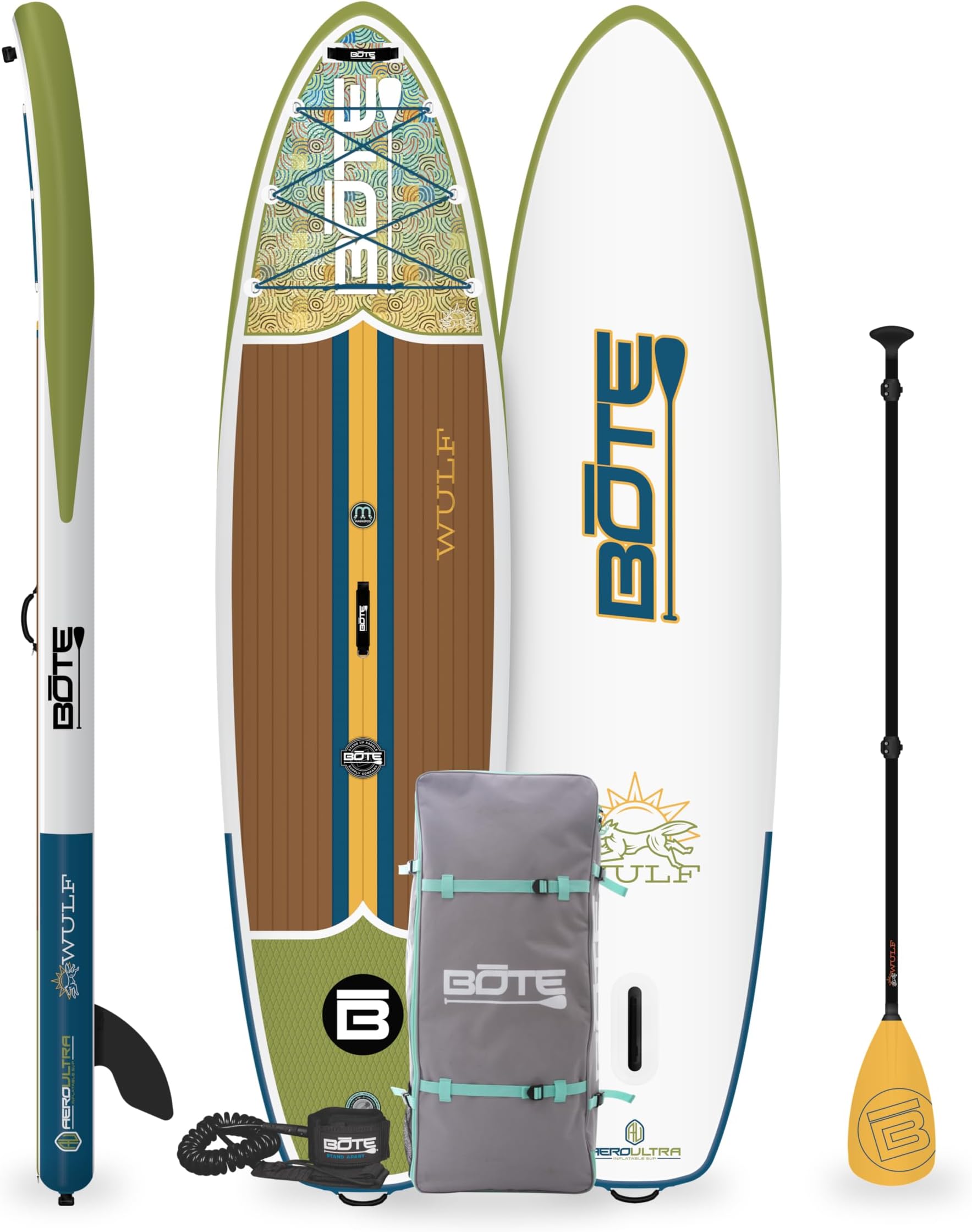BOTE Wulf Aero Inflatable Stand Up Paddle Board Kit Includes Accessories Adjustable Paddle iSUP Travel Bag Blow Up Pump Safety SUP Coiled Leash Multiple Sizes