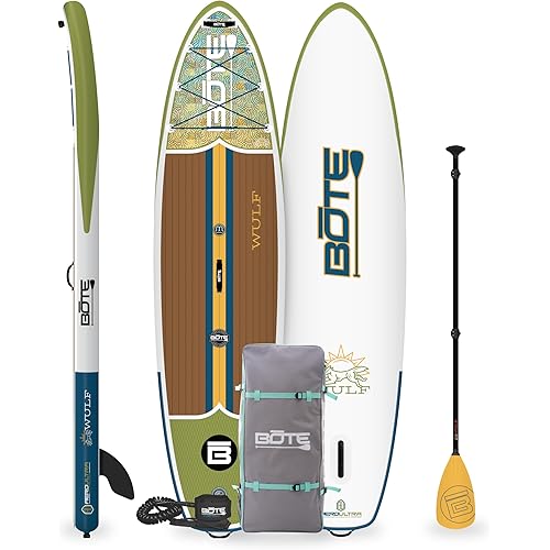 BOTE Wulf Aero Inflatable Stand Up Paddle Board Kit Includes Accessories Adjustable Paddle iSUP Travel Bag Blow Up Pump Safety SUP Coiled Leash Multiple Sizes