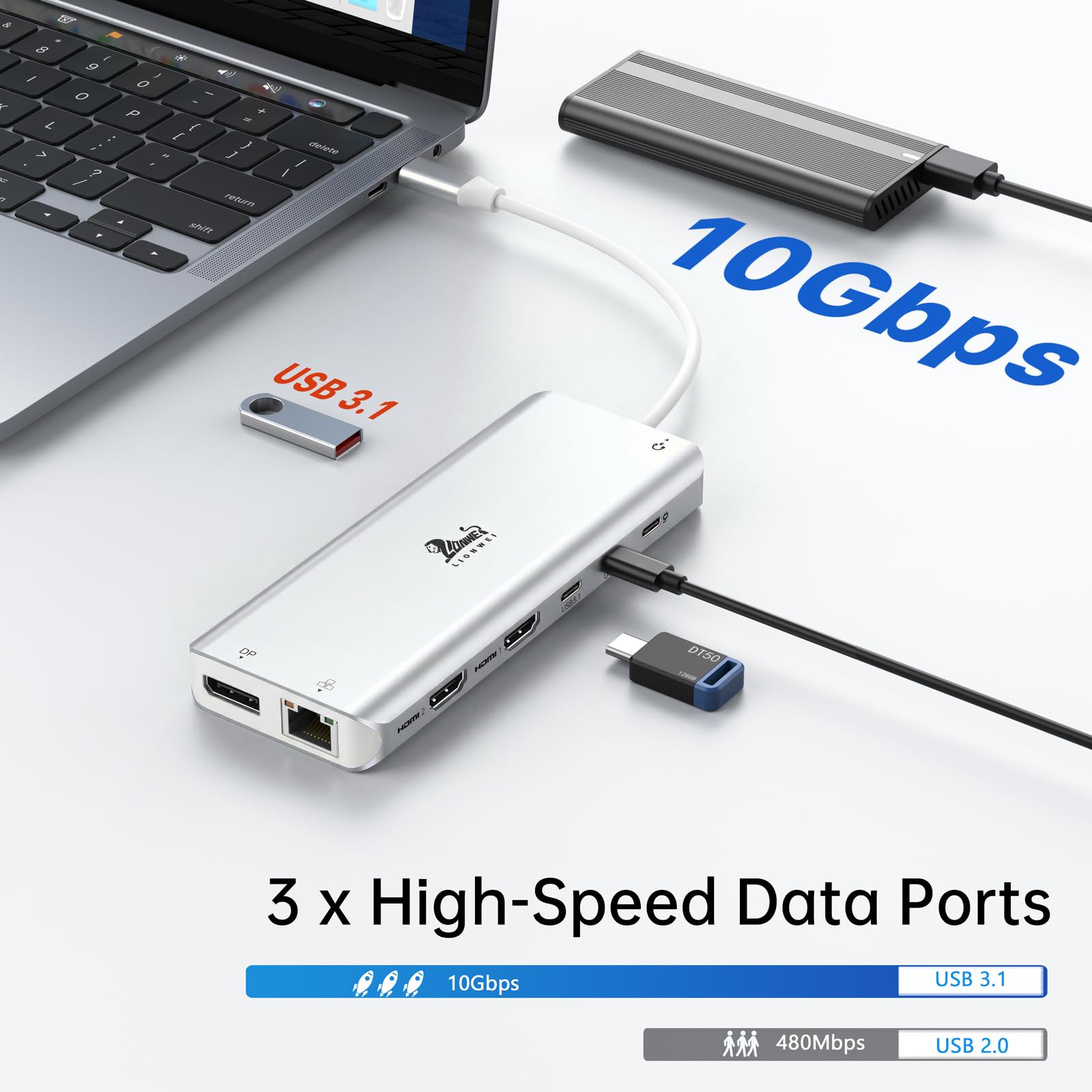 Stacja dokująca USB C Dual Monitor stacja dokująca laptop 13 w 1 USB-C Hub Triple Display z 2 HDMI, DisplayPort, 5 USBC/A, Ethernet, 100 W PD, SD/TF, Audio/Mic do Dell HP Surface, srebrna