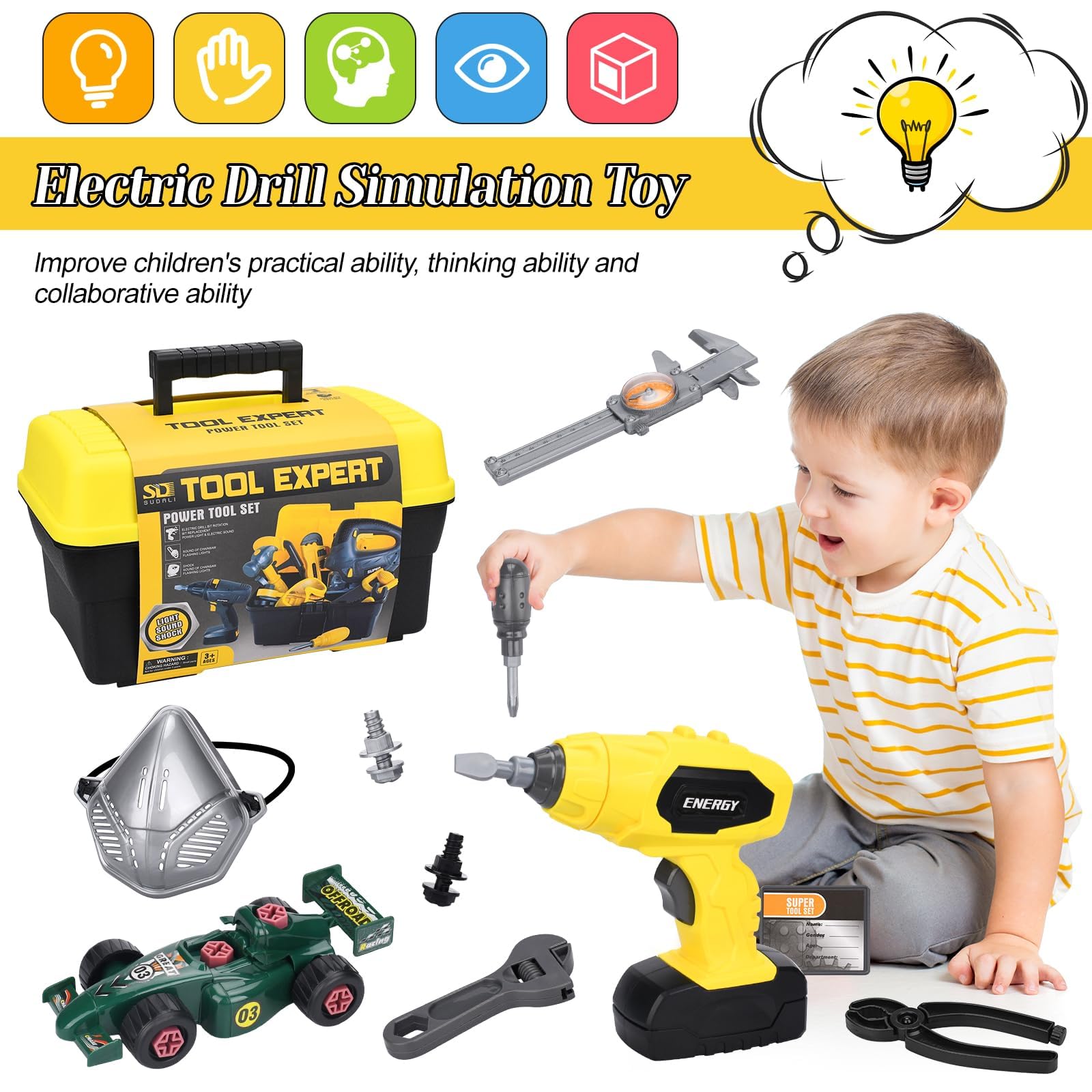 UCAMP Outils Enfant 83 Pièces Boîte à Outils Enfant avec Perceuse Électrique,Etablie Bricolage Enfants,Malette Outils,Travail Jouet Cadeau Jeu Éducatif pour Enfants 3 Ans+