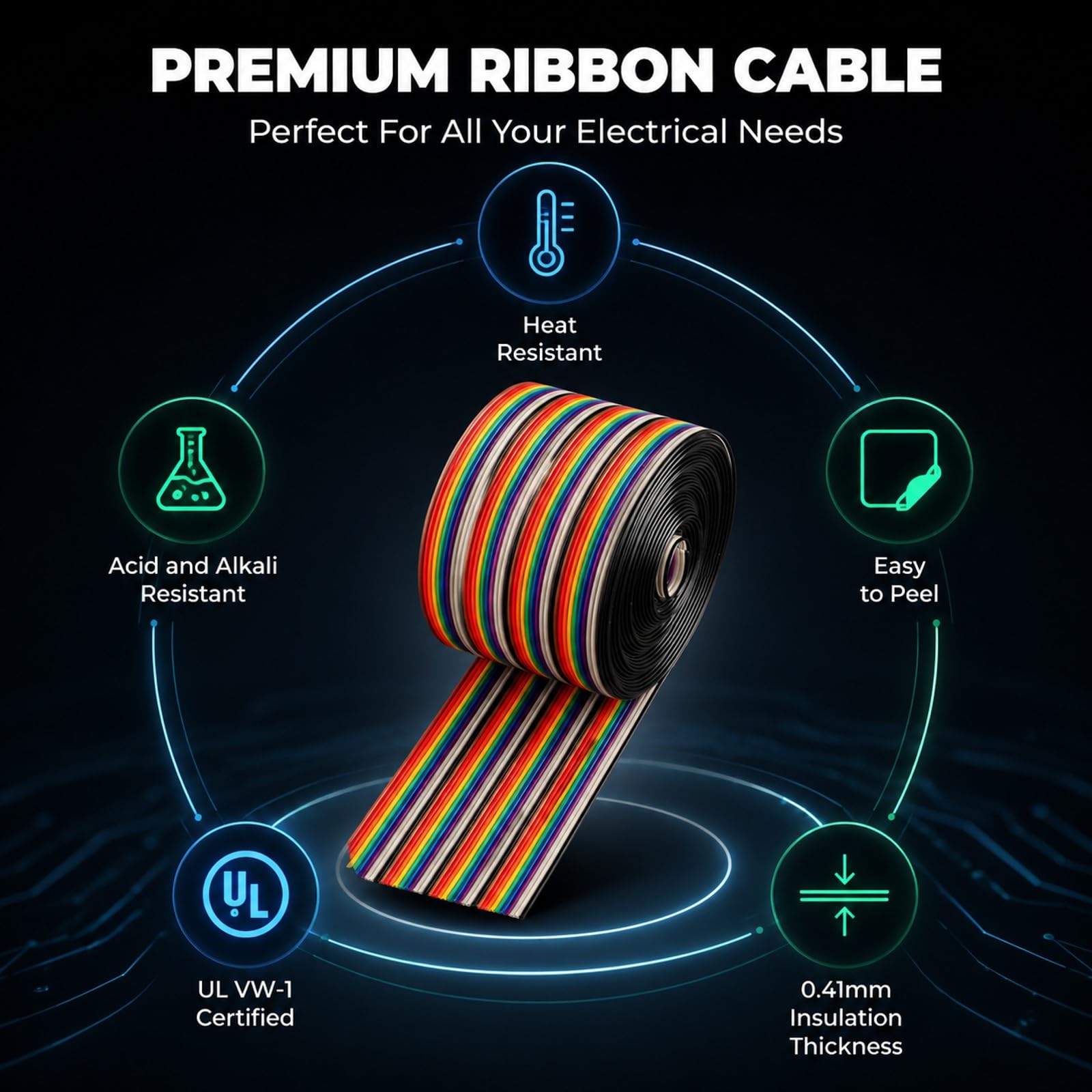 Cavo Flat a Nastro Arcobaleno 40 Poli, Passo 1,27mm, Larghezza 5,08cm, Lunghezza 3 Metri - Connessioni Affidabili Interni Elettronici, Resistenza Termica e Chimica, Uso Industria (1 metro di