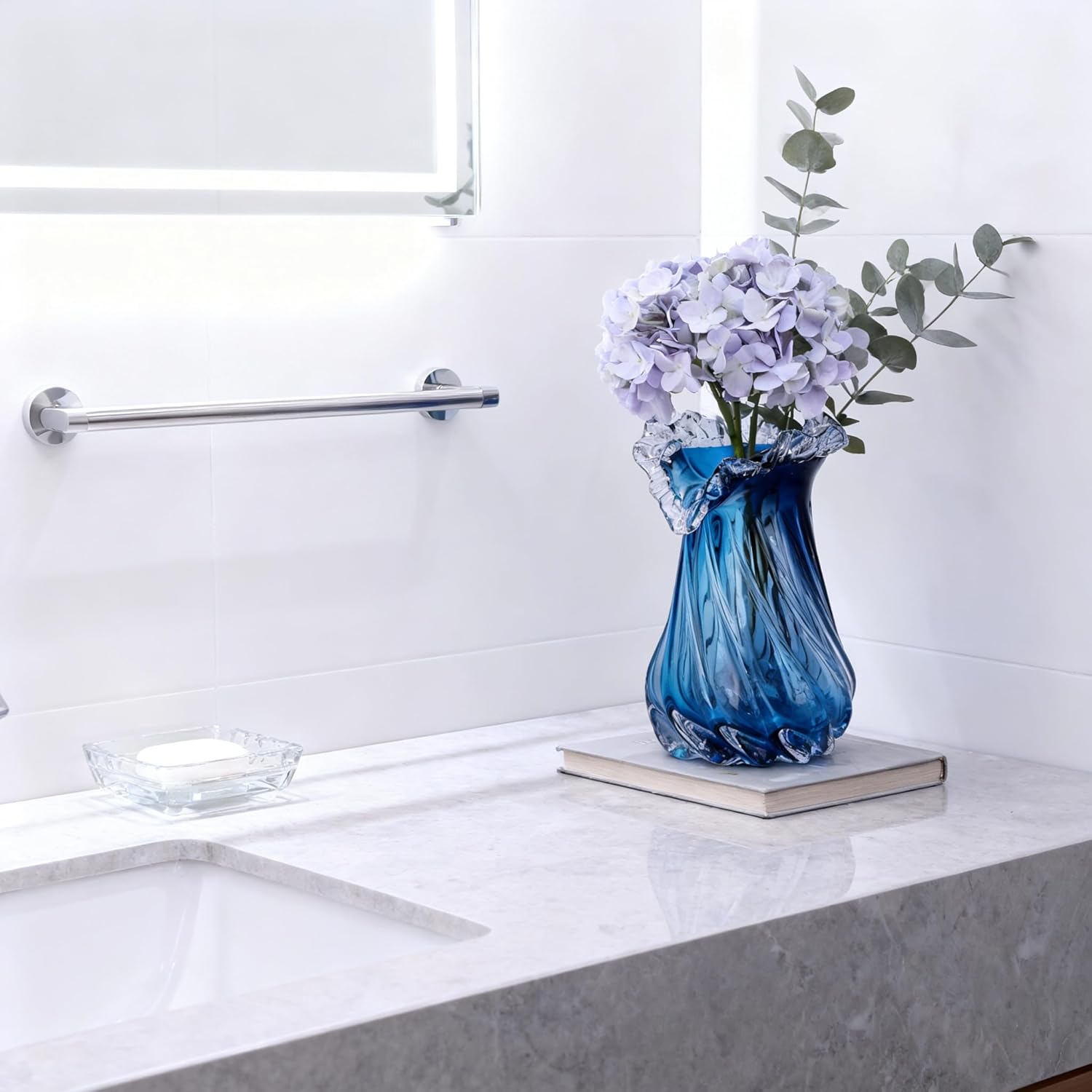 Hand-Blown Blue Glass vase, Wide-Mouth Decorative vase, Blue Glass vase, Suitable for centerpieces on Dining Tables, Living Room Coffee Tables, TV Stands, entryway Decor, and Office Desk Accents.(S)