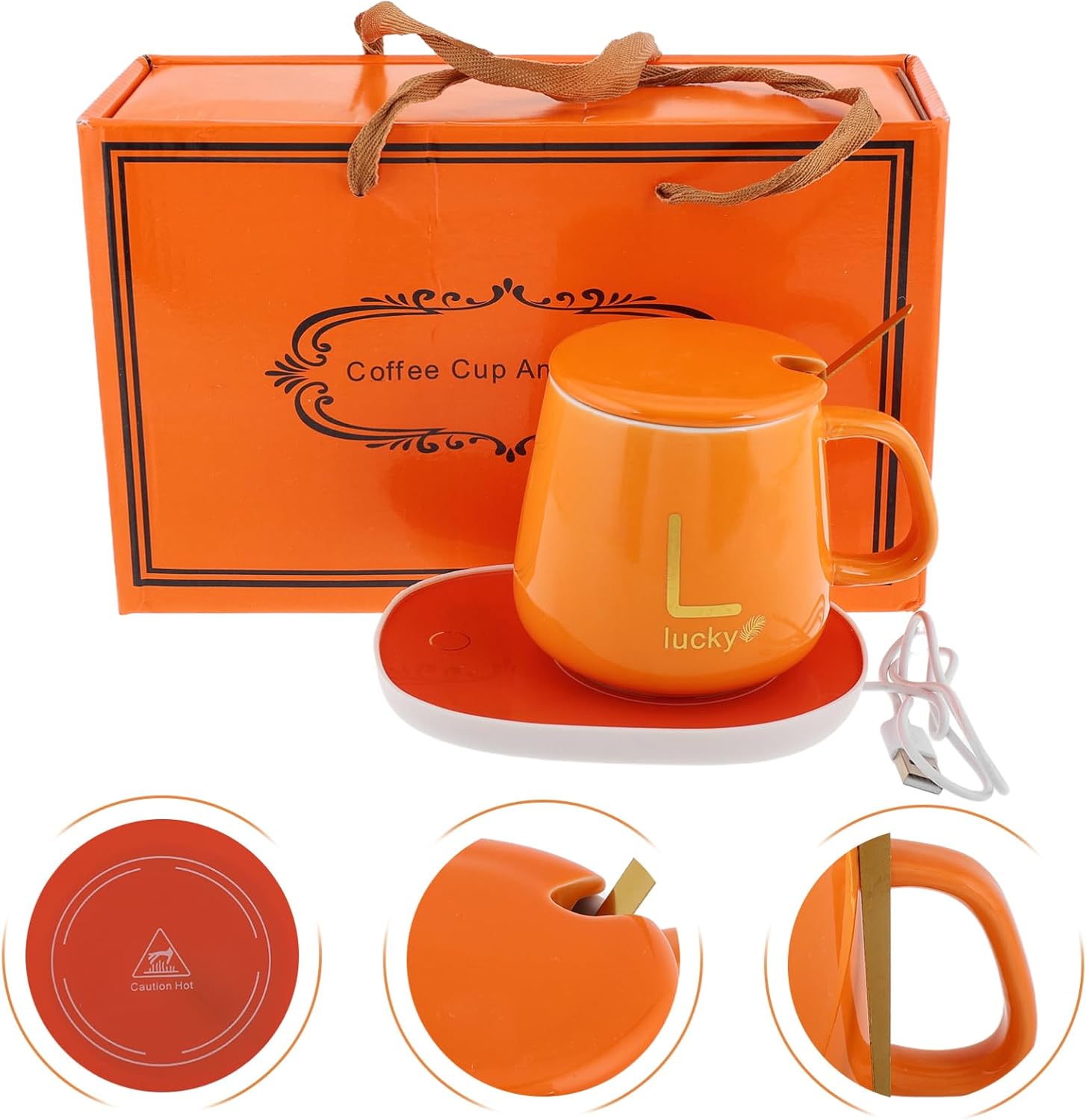 Cabilock 1Set Electric Heated Coffee Cup Set with Lid Spoon Mug Warmer for Hot Drinks for Christmas Parties and Birthdays Temperature Retention