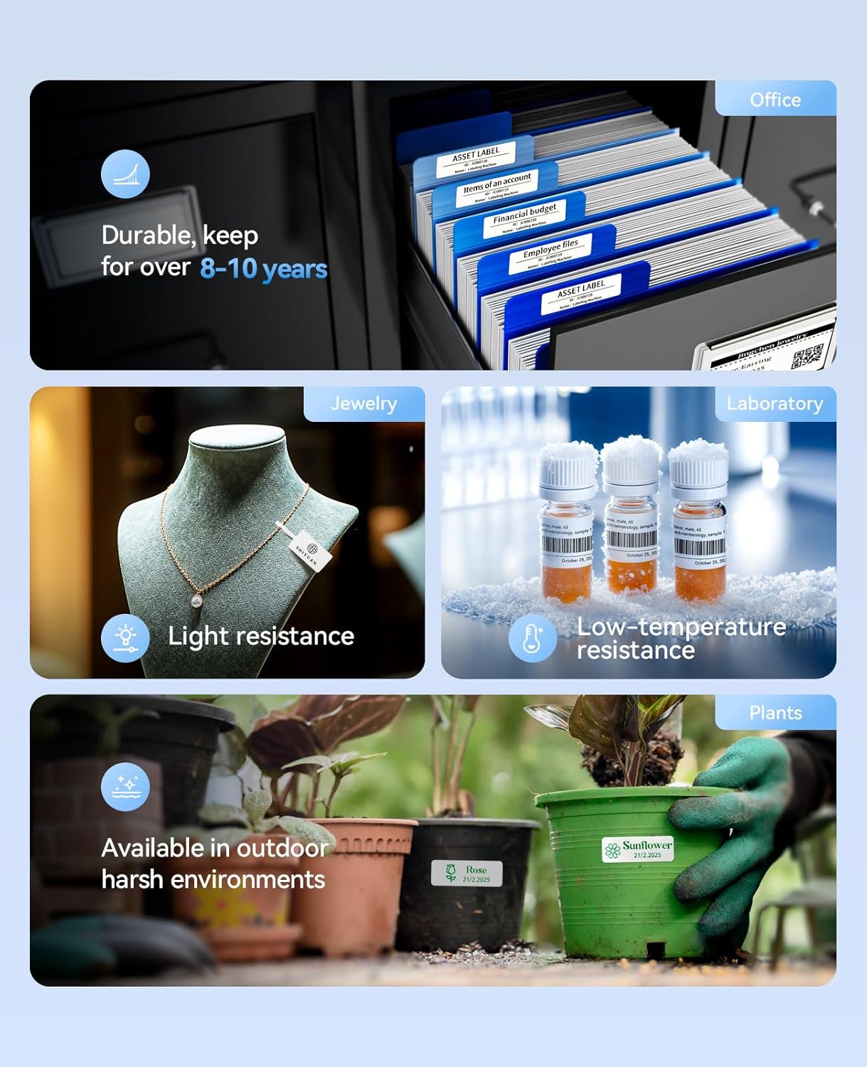 Collage of images showing the label maker used in various settings: office, jewelry store, laboratory, and for plant labeling.