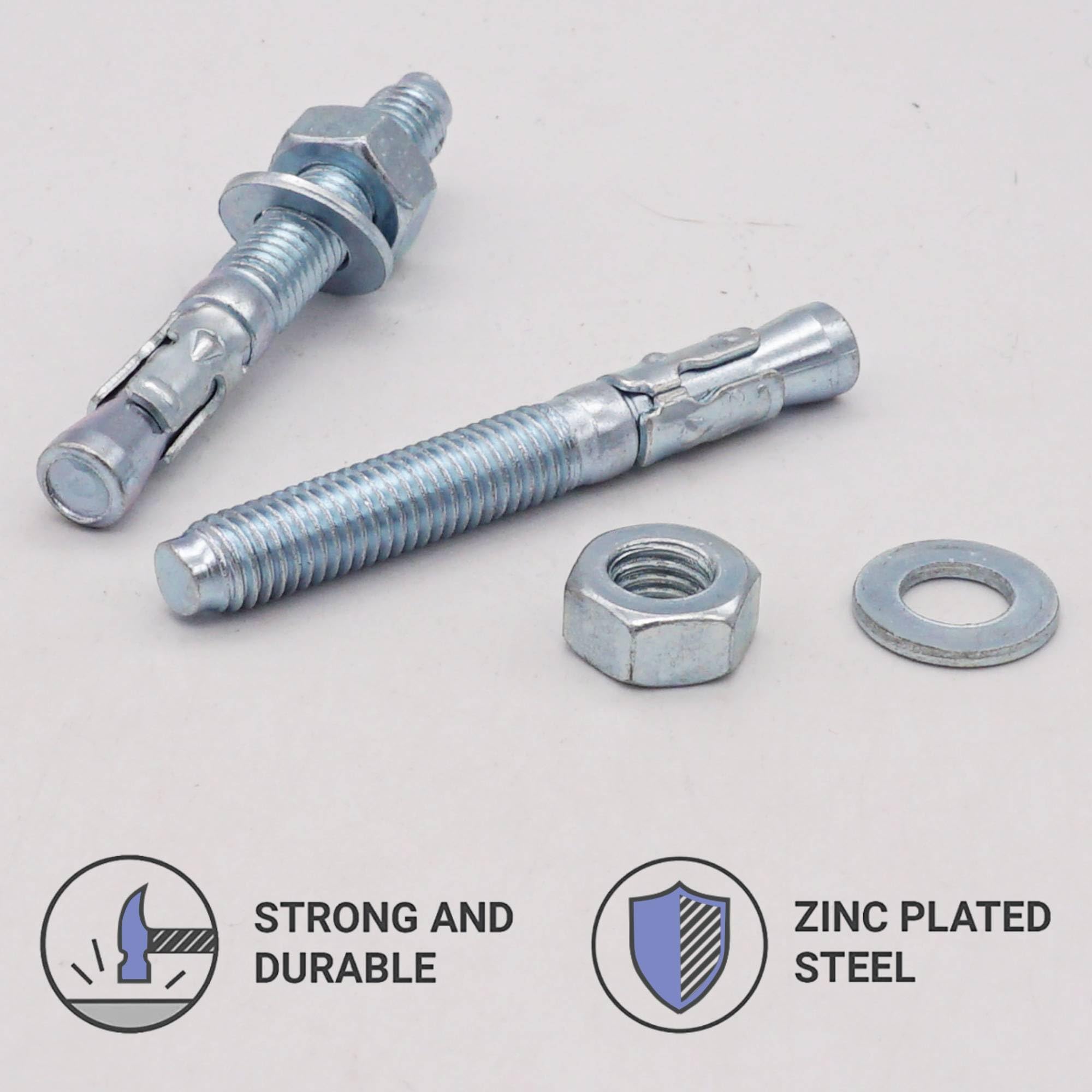 SKIR'CO (4 pcs) Zinc Plated Wedge Anchors M10 x 80 mm, Metal Dowels, Anchor Bolt, Masonry Anchors, Concrete Anchor - Image 3
