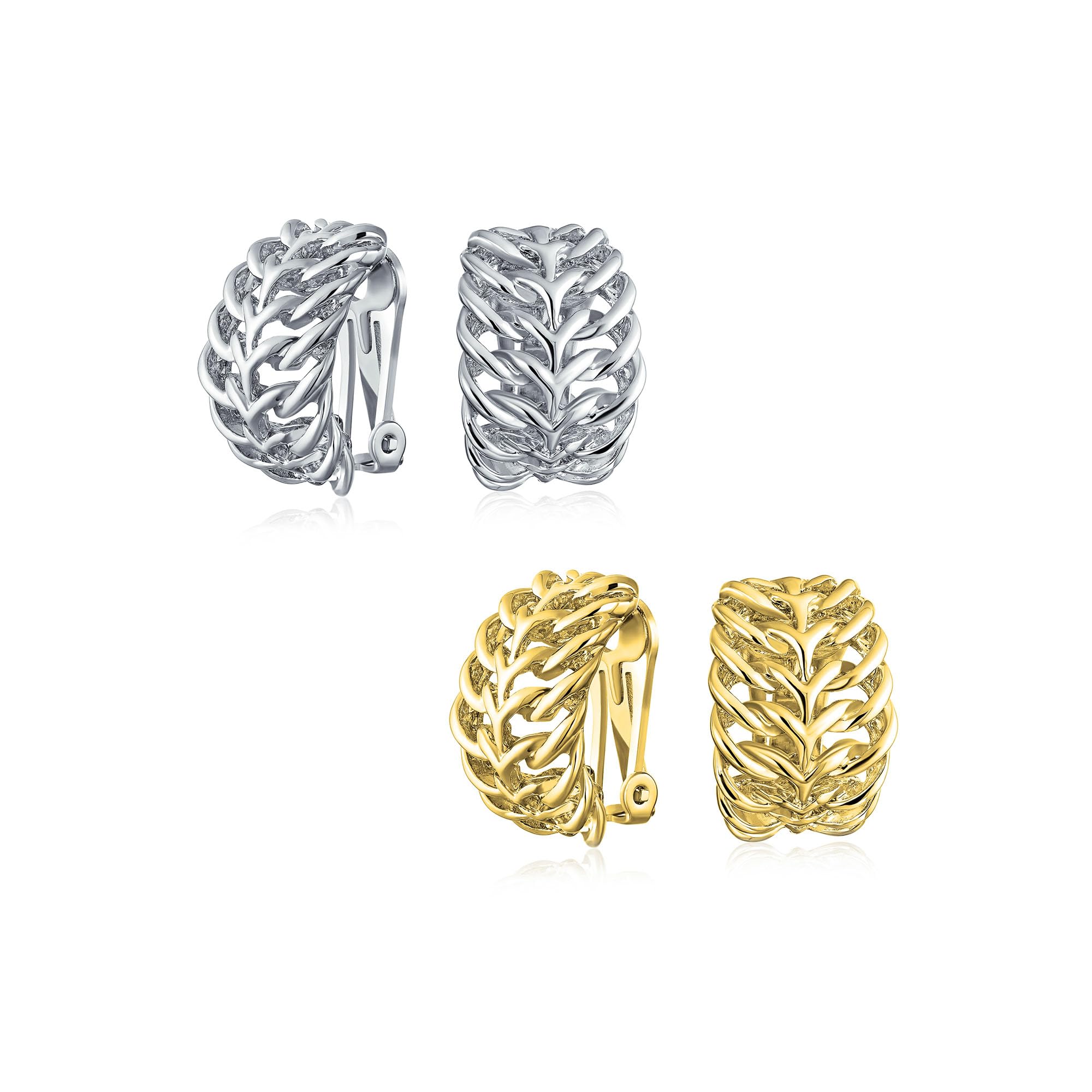 Set di due orecchini a clip a mezza cerchio con foglia a cavo aperto per donne senza orecchie forate in ottone placcato argento oro.