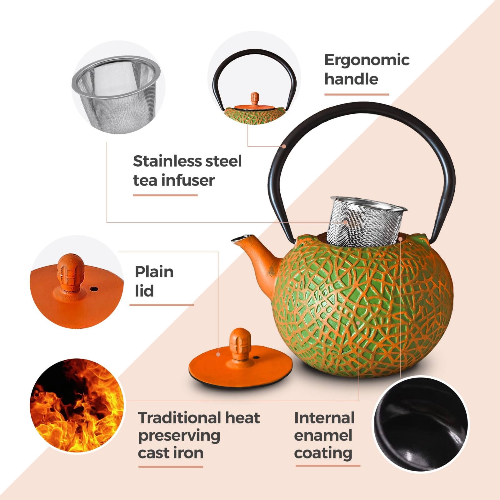 Théière Japonaise Tetsubin en Fonte avec intérieure en émail et infuseur - Orange et Vert 0,8L