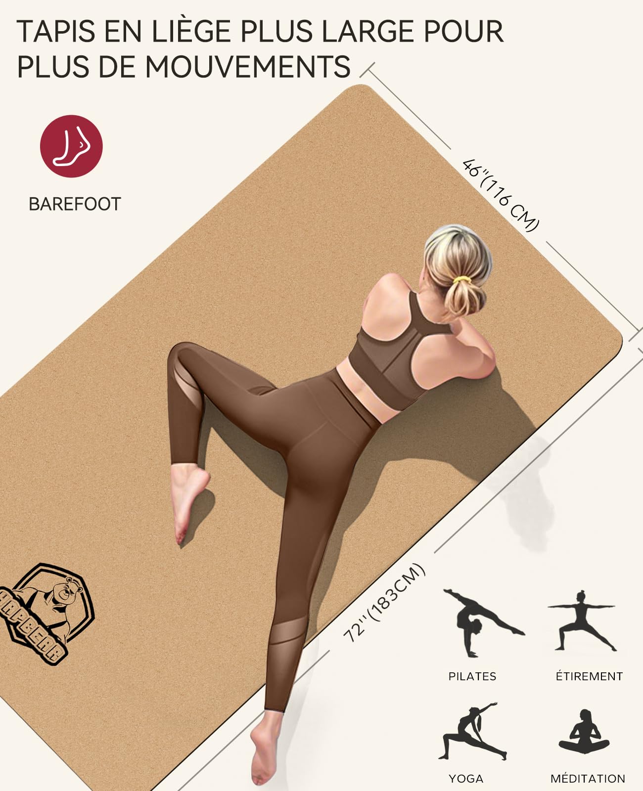 HAPBEAR Tapis de Yoga XXL en Liège 183x92/183x116 x 0,6 cm,Antidérapant | Extra Grand Tapis de Yoga Antidérapant,6 mm d’Épaisseur,Amorti Naturel et Durable en Liège 100 % Pour le Yoga et le Pilates
