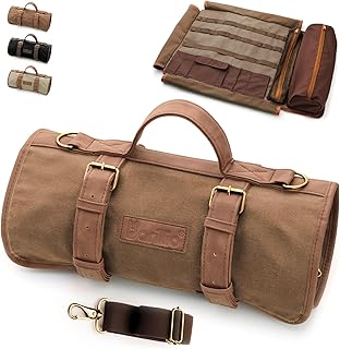 Barillio Bartender Bag (Without Tools) - Stylish, Waxed Canvas, Roll Up Traveling Bar Bag for Carrying Bar Tools and Cocktail Shaker Set with Shoulder Strap - Portable Travel Bartending Roll Brown