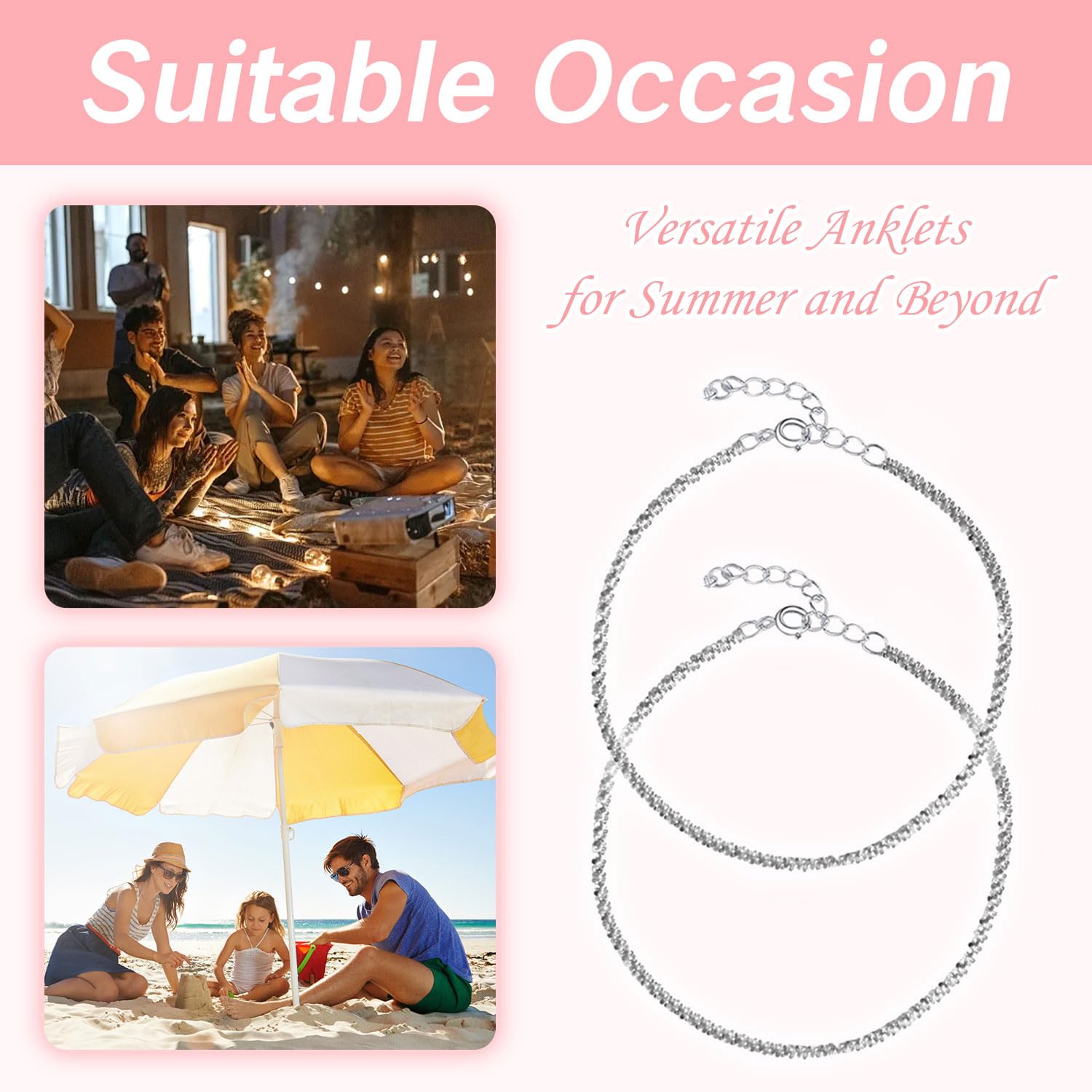 Pulseras de pie de playa con diamantes para mujer, pulseras de plata de ley 925 con diamantes de imitación, tobilleras ajustables e impermeables para playa, pulseras grandes para mujer, Zinc, 7