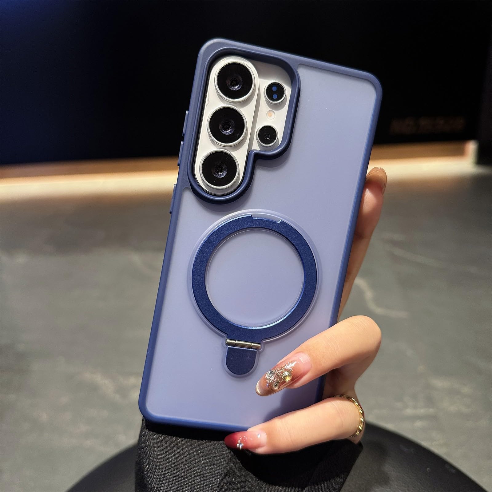 Coque Samsung S26 Plus silicone bleu mat rigide à anneau rotatif intégré