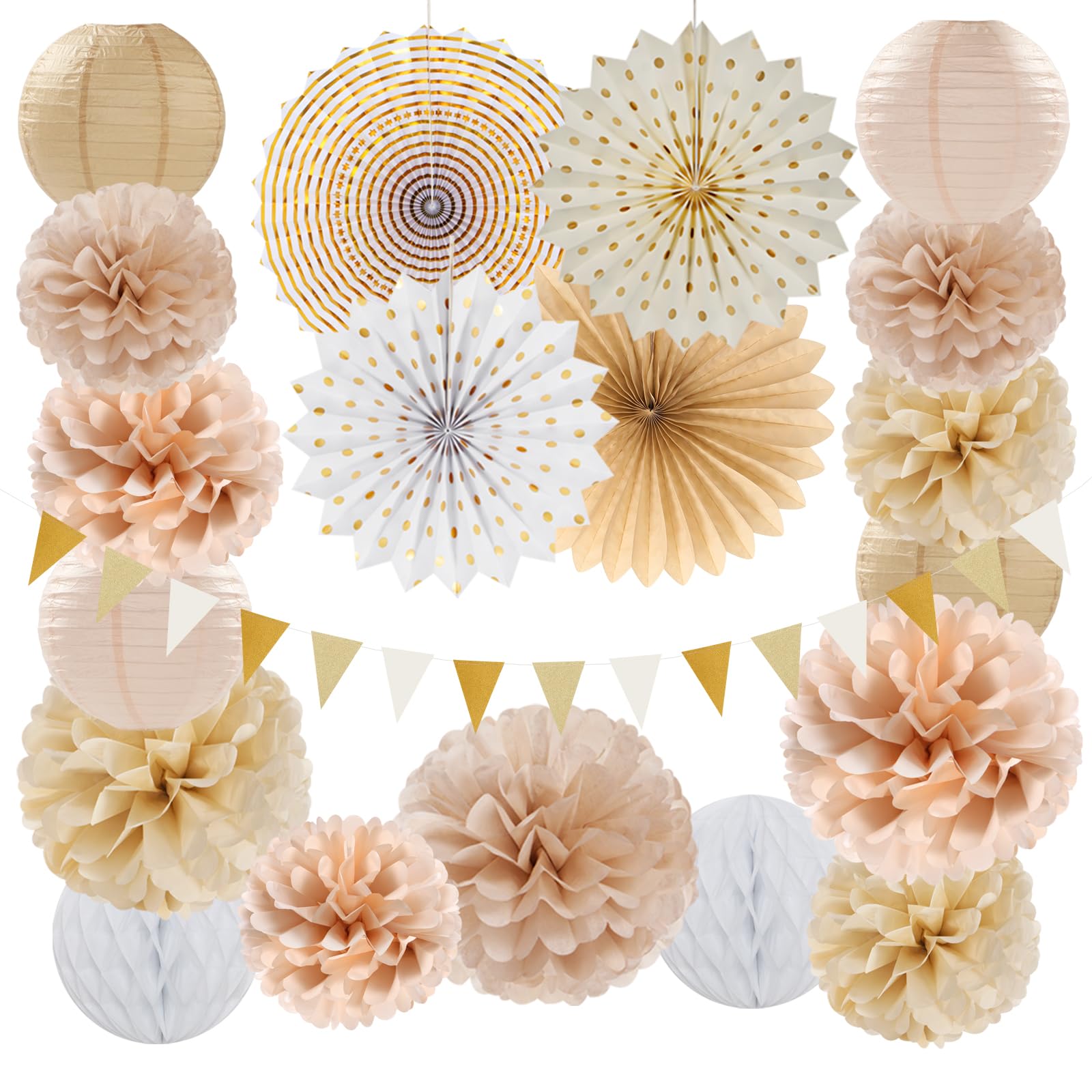 Beige-Champagne Gold White-Peach Boho Party-Decorations - 20pcs Neutral Baby Shower Rustic Wedding Paper Lanterns Fans,Tissue Pom Poms,Honeycomb Balls,Bunting,Birthday Bridal Decor Burgleda