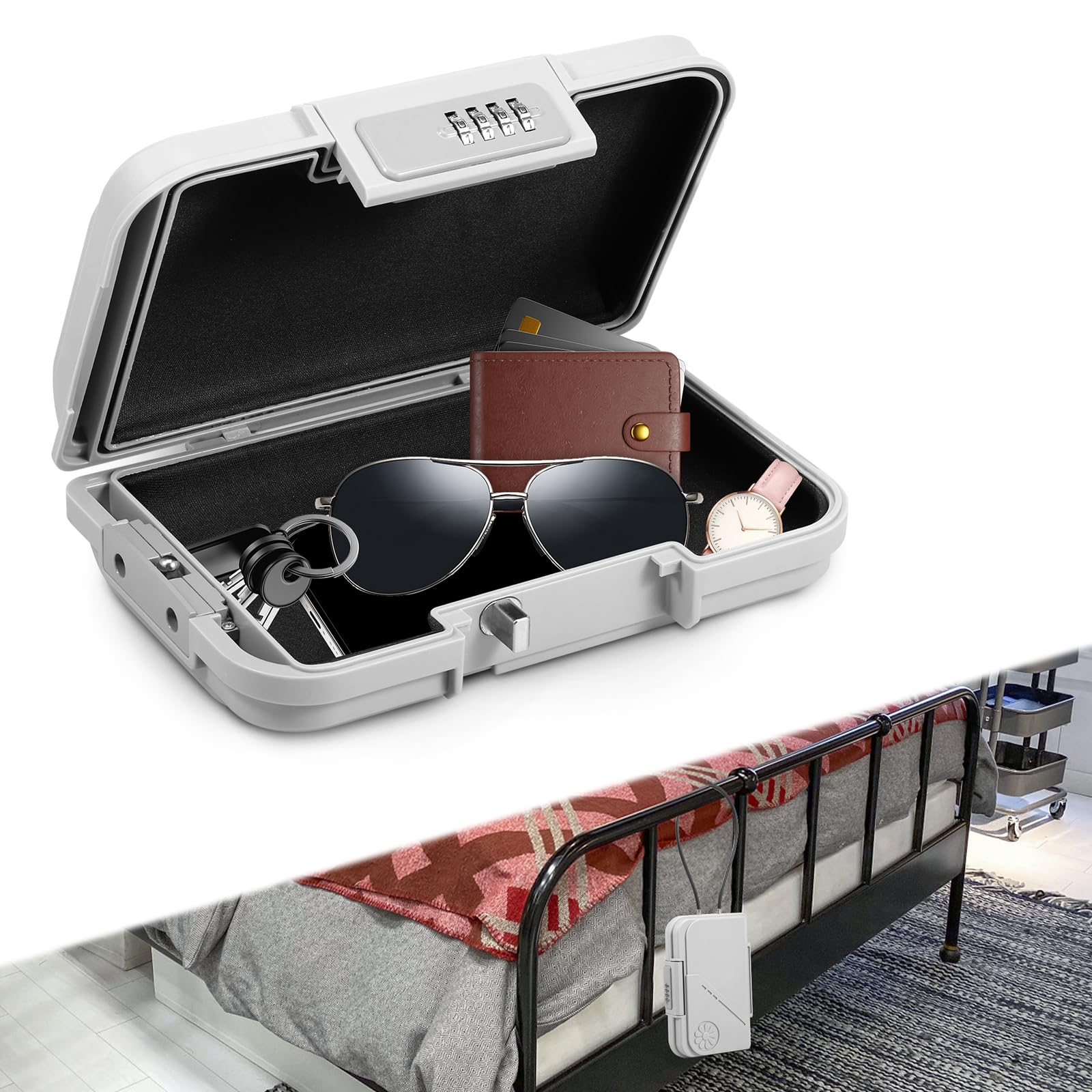 Caja fuerte portátil impermeable con cerradura de combinación de 4 dígitos, resistente a los cortes, resistente a los golpes, con cuerda de alambre extraíble de 7 mm de grosor, caja de seguridad para