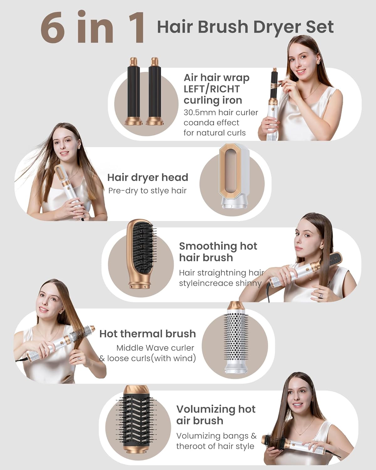 All attachments of the UKLISS 6-in-1 Hair Dryer Brush laid out