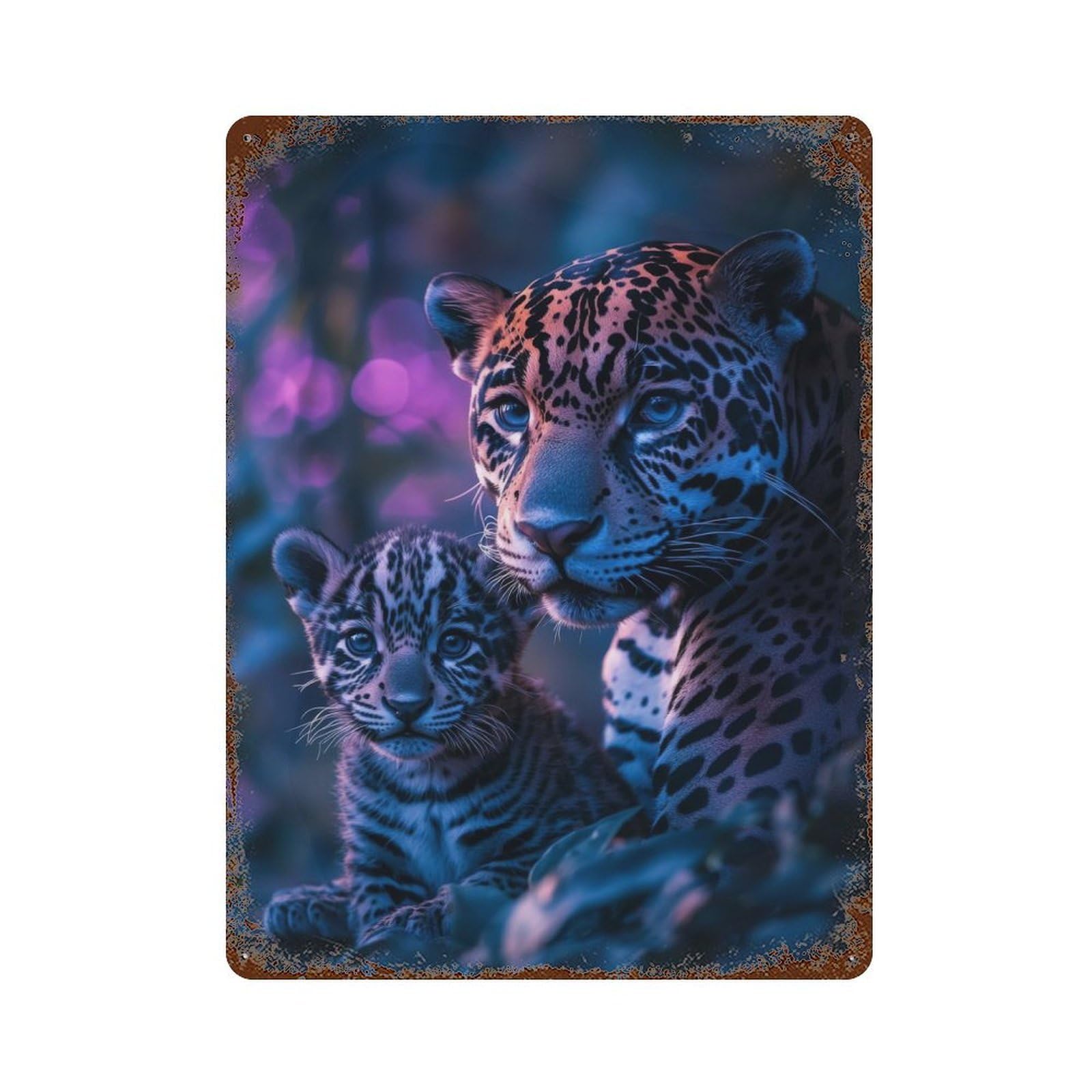 Jaguar Mother And Cub Rustic Tin Plaque 15.7"x11.8", Rustic Home Decor for Office, Studio And Wall Decor