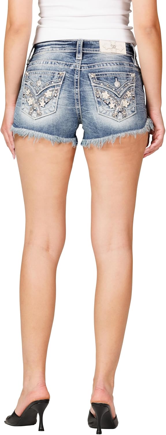 Miss Me Women's Astral Love Faux Flap Pockets Frayed Hem Mid-Rise Shorts