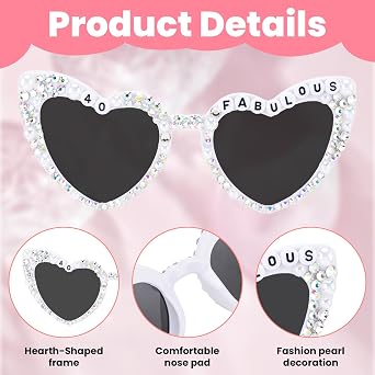 40th Birthday Glasses for Women, 40 Fabulous Sunglasses for Women, Shiny Diamond Pearl Heart Sunglasses, 40th Birthday Party Deocr Accessories