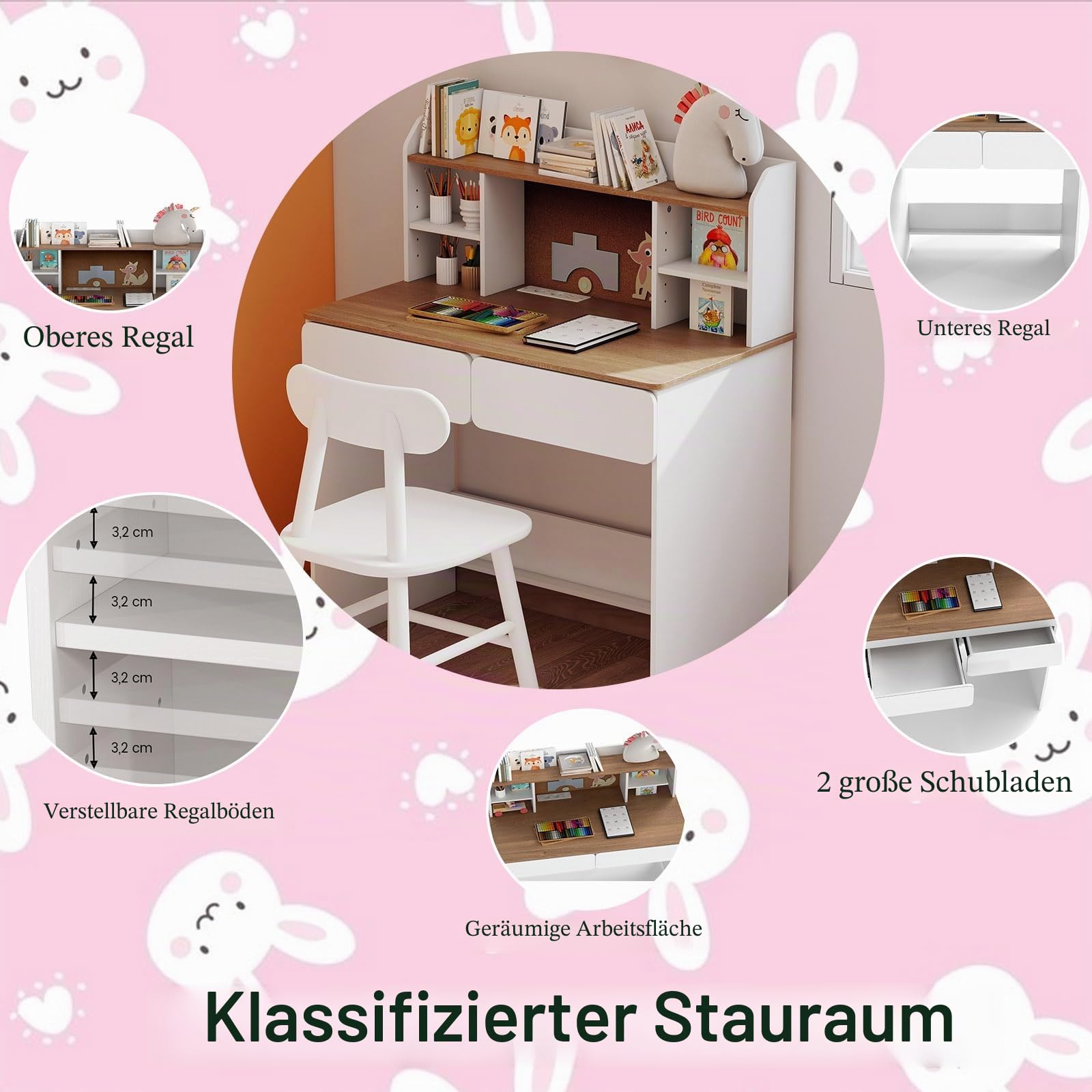 LIFEZEAL Kinder Schreibtisch mit Ladestation, Kinderschreibtisch mit 2 Schubladen & Bücherregal & PC-Halter, Lerntisch Schülerschreibtisch mit Stauraum für Jungen & Mädchen