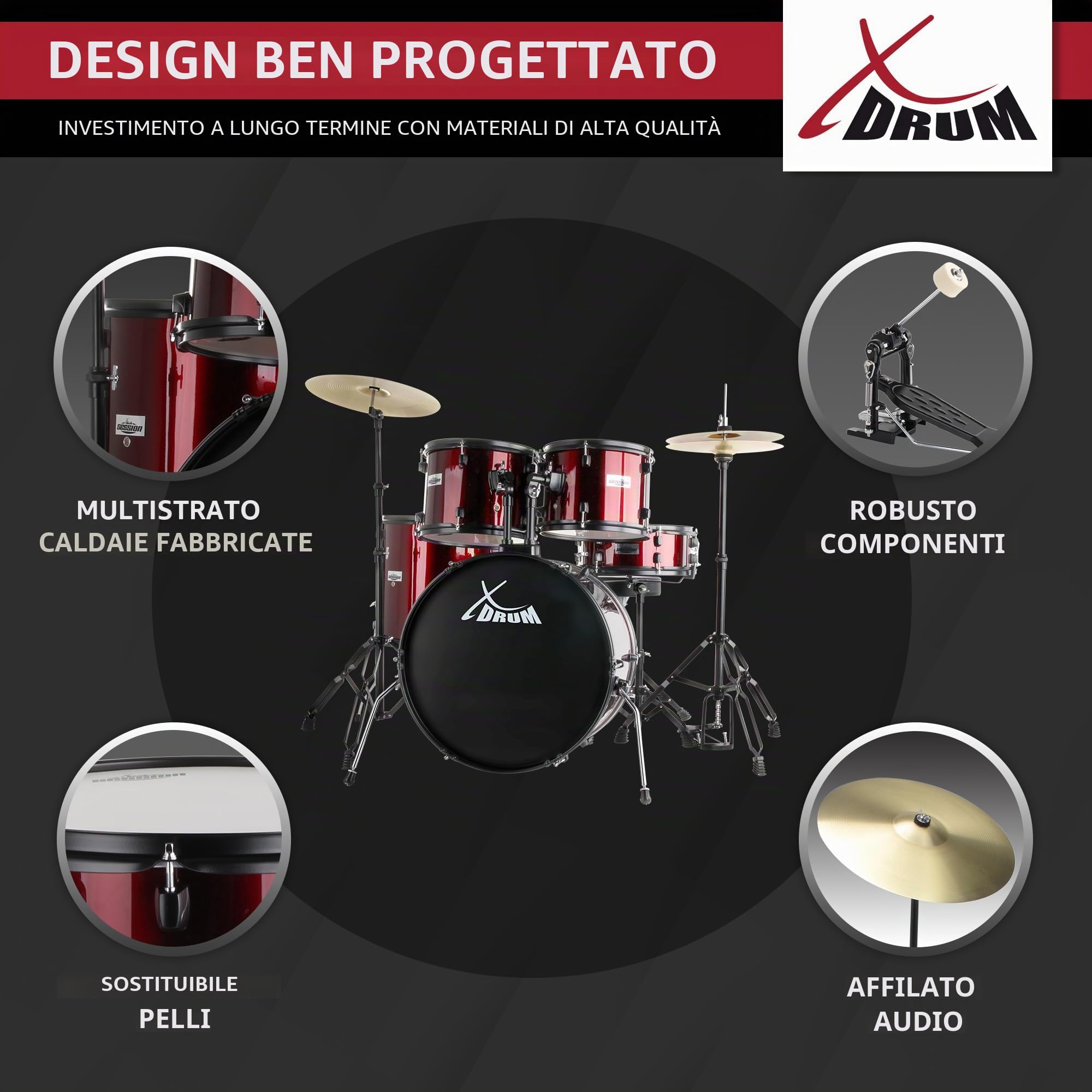XDrum Rookie 20" Studio Batteria Rosso più Set Smorzatori, 14" TT | Fusti in pioppo acusticamente pregiato con pellicola speciale, Hardware nero a doppio supporto a 5 pezzi, 14" TT, 14" SD