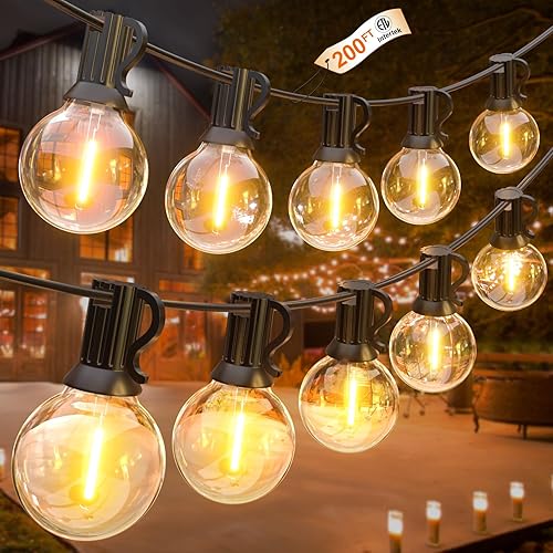 GLUROO 200FT(100FT*2PC) Outdoor String Lights, G40 LED Patio Lights with 100+4 Bulbs, Waterproof Shatterproof Dimmable Globe Hanging Outdoor Patio Lights Cafe, Bistro Outside Lights for Patio