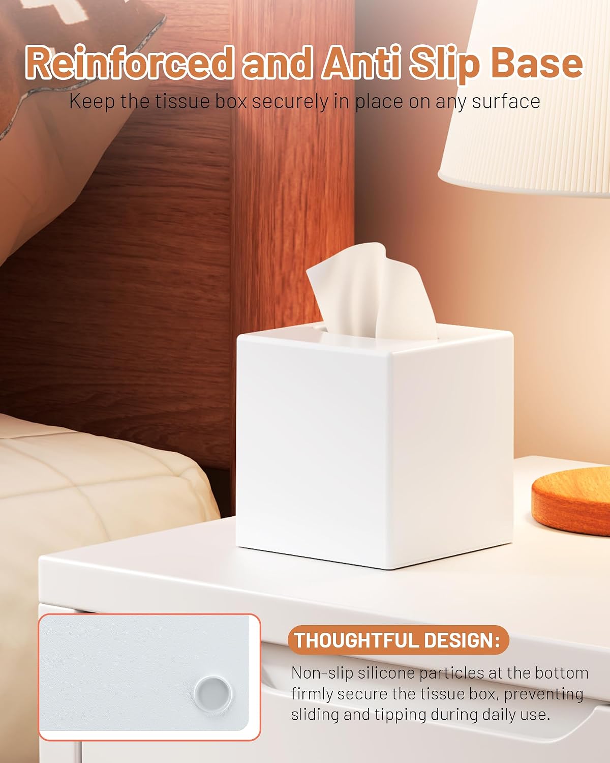 Tissue Box Cover, Square Plastic Tissue Box Holder with Anti Slip Base, Modern Decor Facial Napkin Holder for Bathroom Vanity Countertop, Bedroom Dresser, Night Stand, Parlors, Offices, White