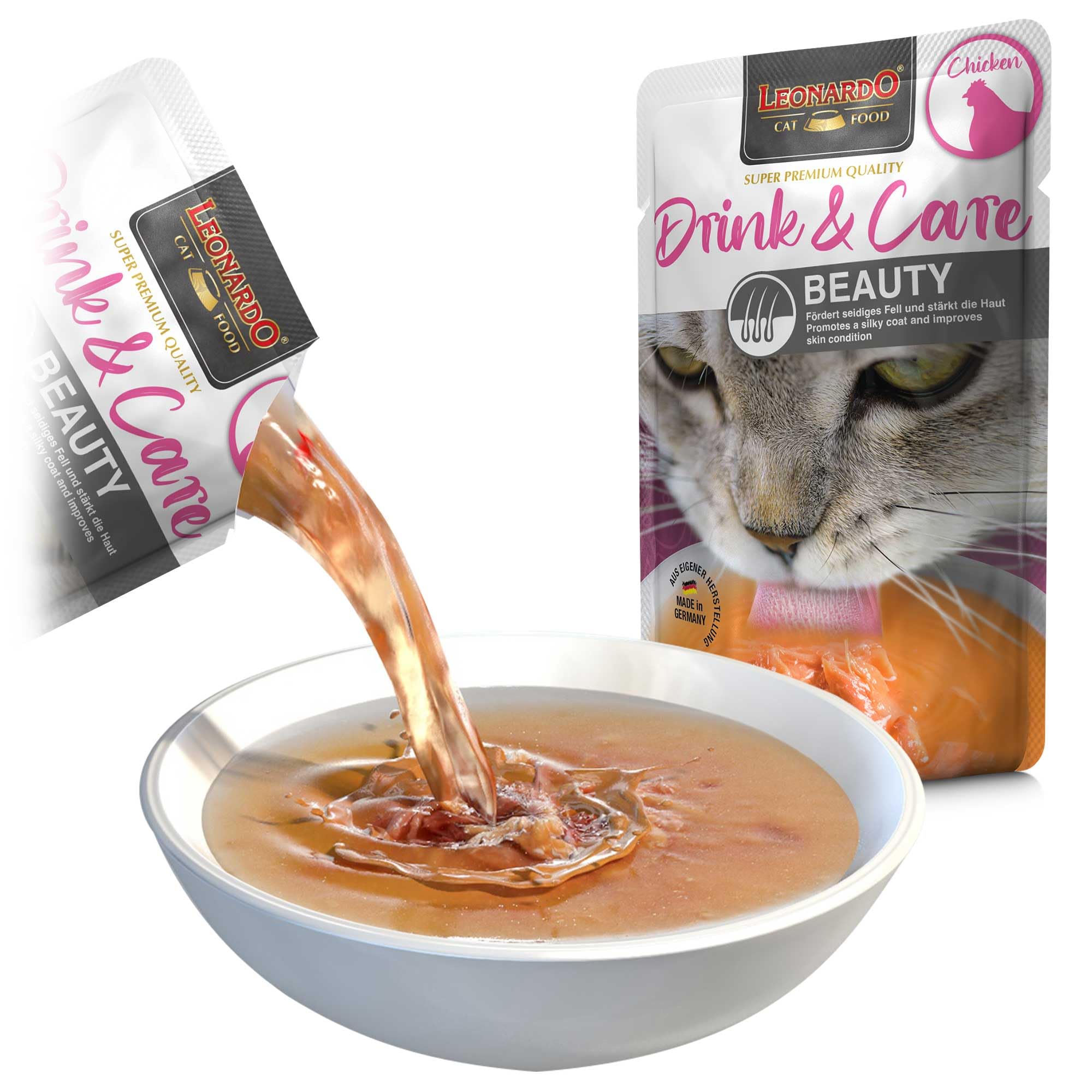 Leonardo Drink & Care Beauty Chicken | Doppelpack | 2 x 20 x 40 g | Ergänzungsfuttermittel für ausgewachsene Katzen | Zur Unterstützung der Flüssigkeitsaufnahme | Ideal als Futtertopping