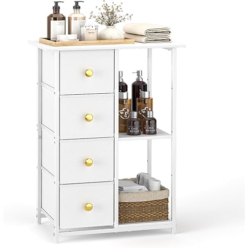 Bathroom Storage Cabinet, Bathroom Cabinets Freestanding with 4 Drawers and Adjustable Shelves, 5 Tier Wooden Floor Cabinet, Storage Cabinet for Bathroom, Kitchen, Living Room, White