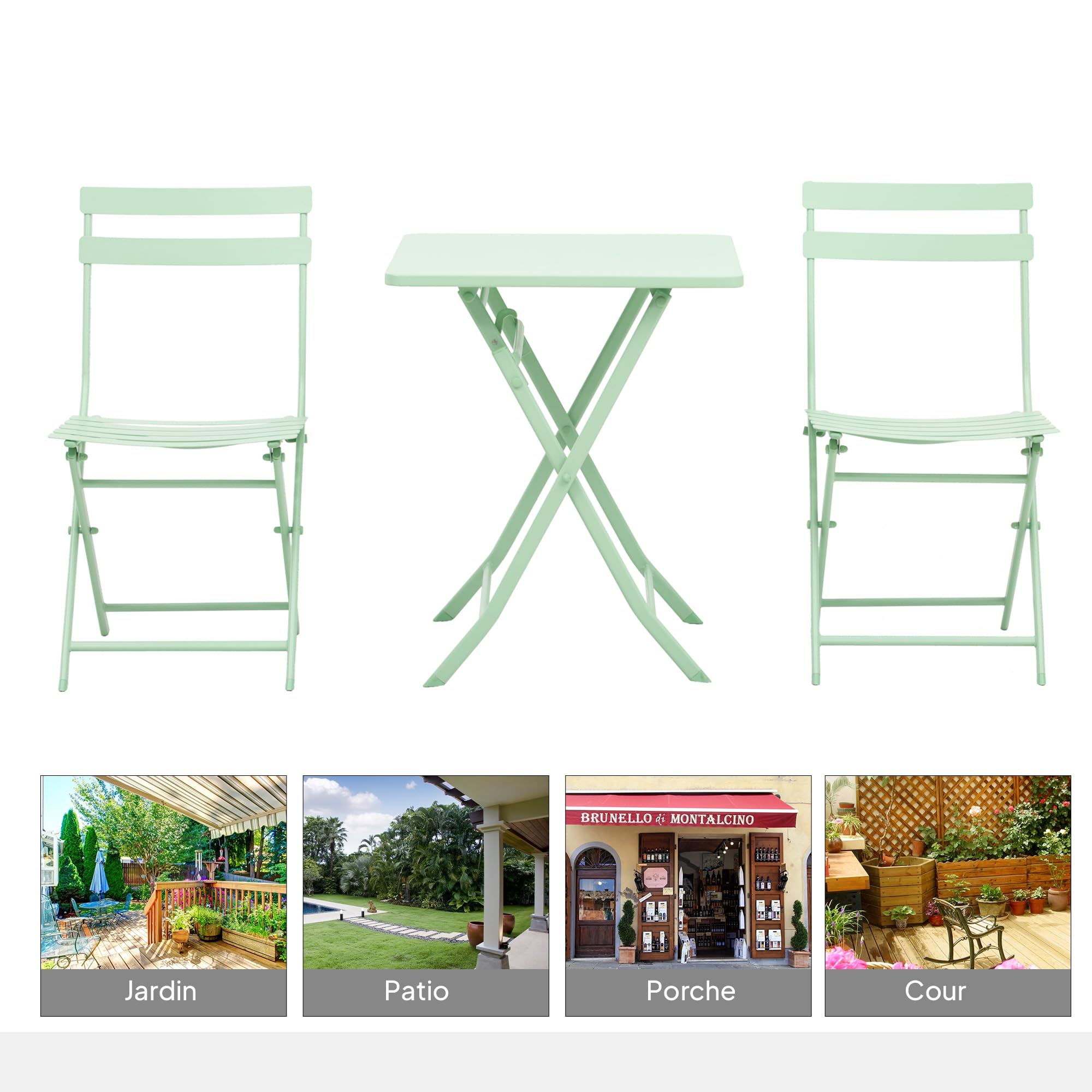 Outsunny Salon de Jardin Bistro Pliable Table Carrée 60x60x71 cm Métal Thermolaqué Vert d'Eau avec 2 Chaises