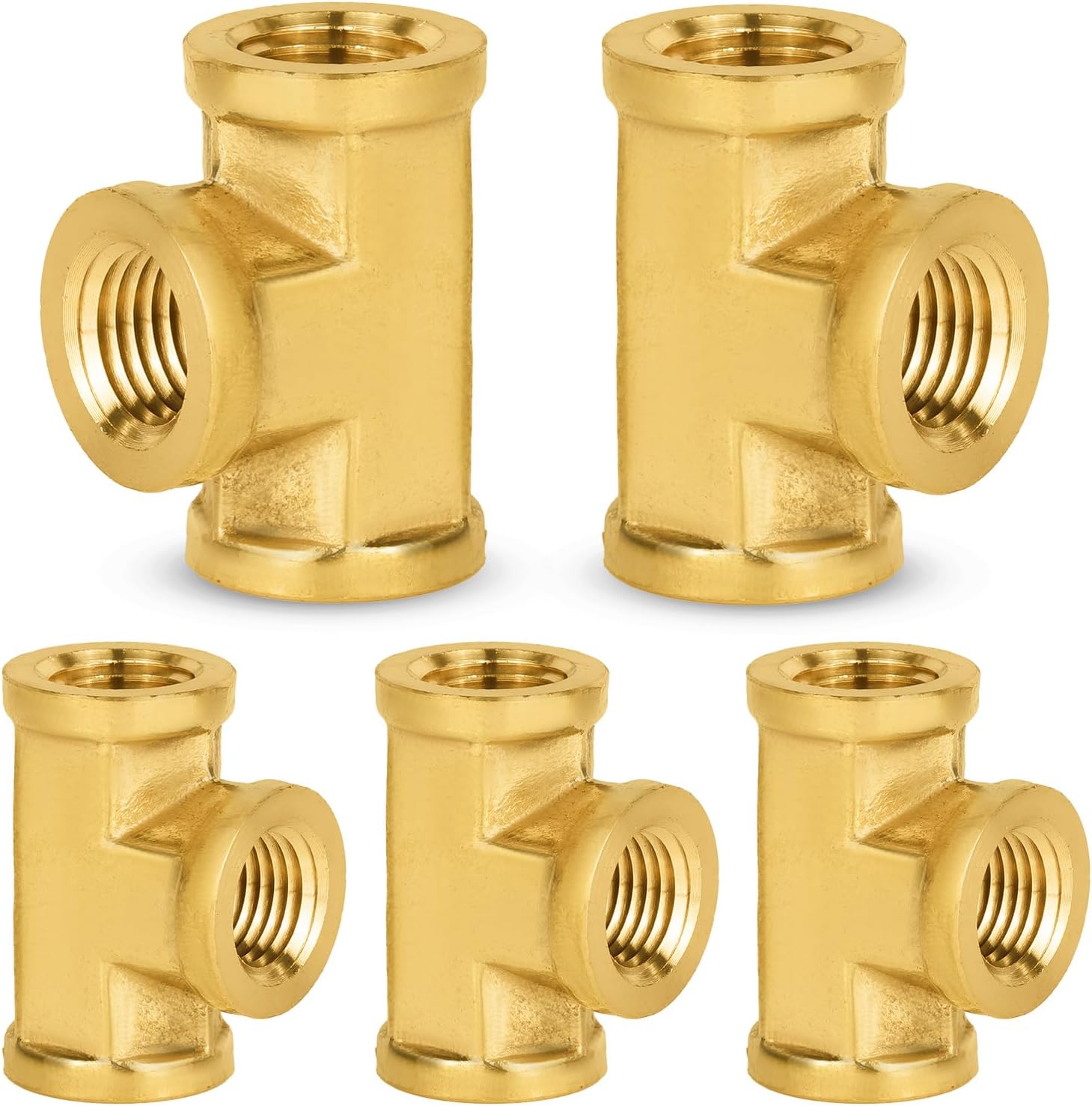 5PACK GUOFIS Brass Pipe Fitting,1/4" NPT Female Tee,3 Way Female Tee Fittings
