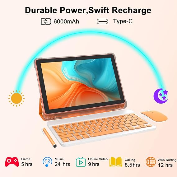 CUPEISI Android 16 Tablet 10 Inch, 20GB RAM+128GB ROM/2TB Expandable, 2.0GHz Octa-core Processor, 1280*800 HD Screen, 5G WiFi6 BT5.0, 2 in 1 Tablets with Keyboard Case Mouse Stylus, Widevine L1 Orange