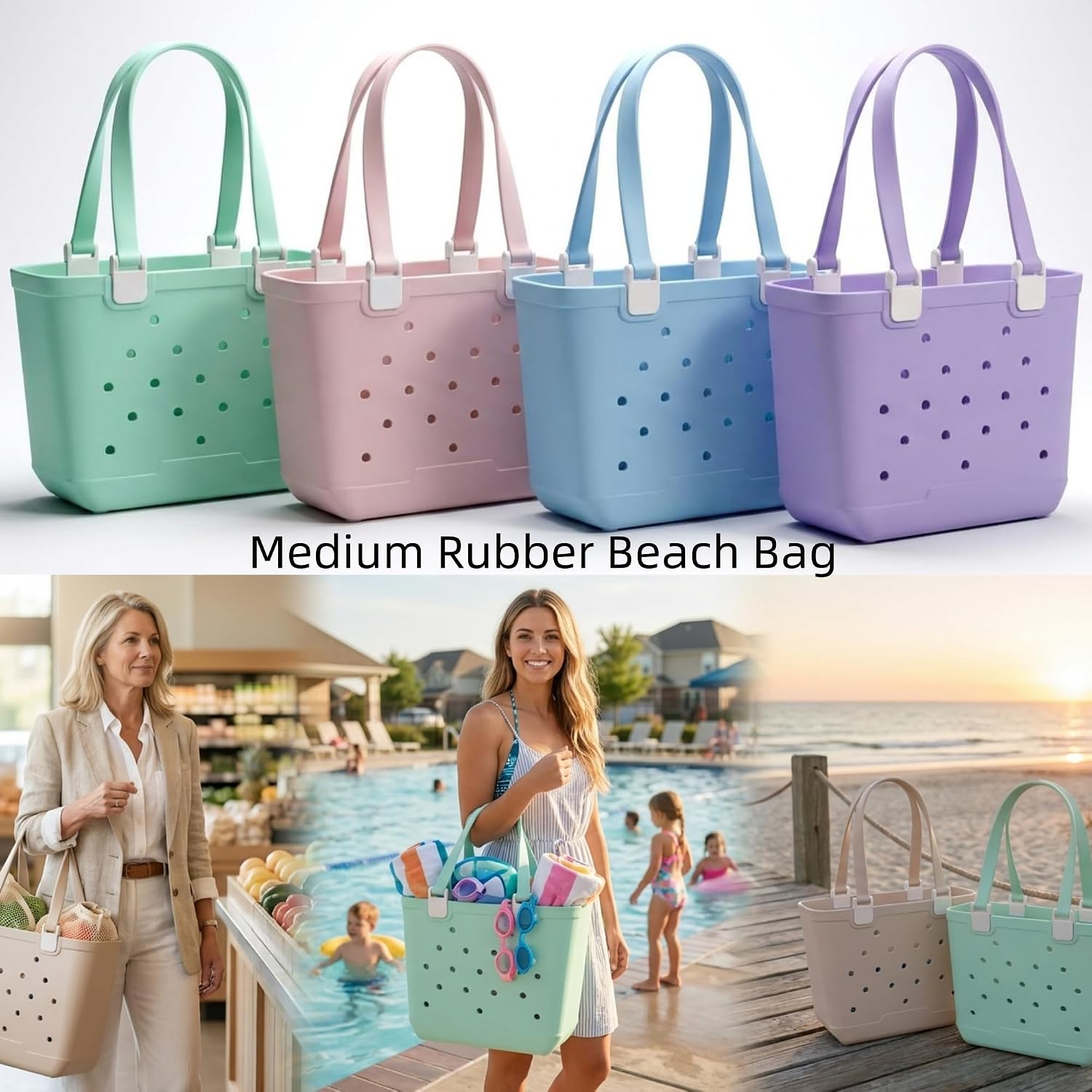 Large Rubber Beach Bag, Waterproof Rubber Tote Bag for Women,Vacation Essentials Beach Tote for Summer Swim Sport Travel