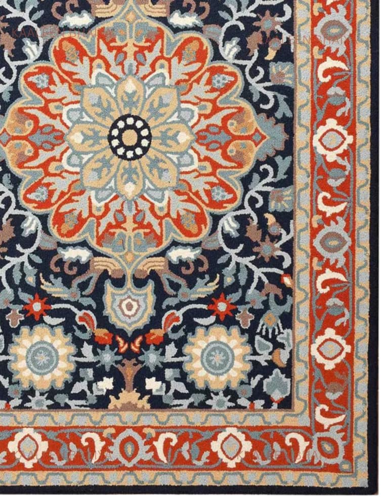Adeline Handmade 9' x 12' Navy Blue/Red Multi Floral Medallion Traditional Crafted Wool Area Rug for Living Room, Bedroom and Dining Room