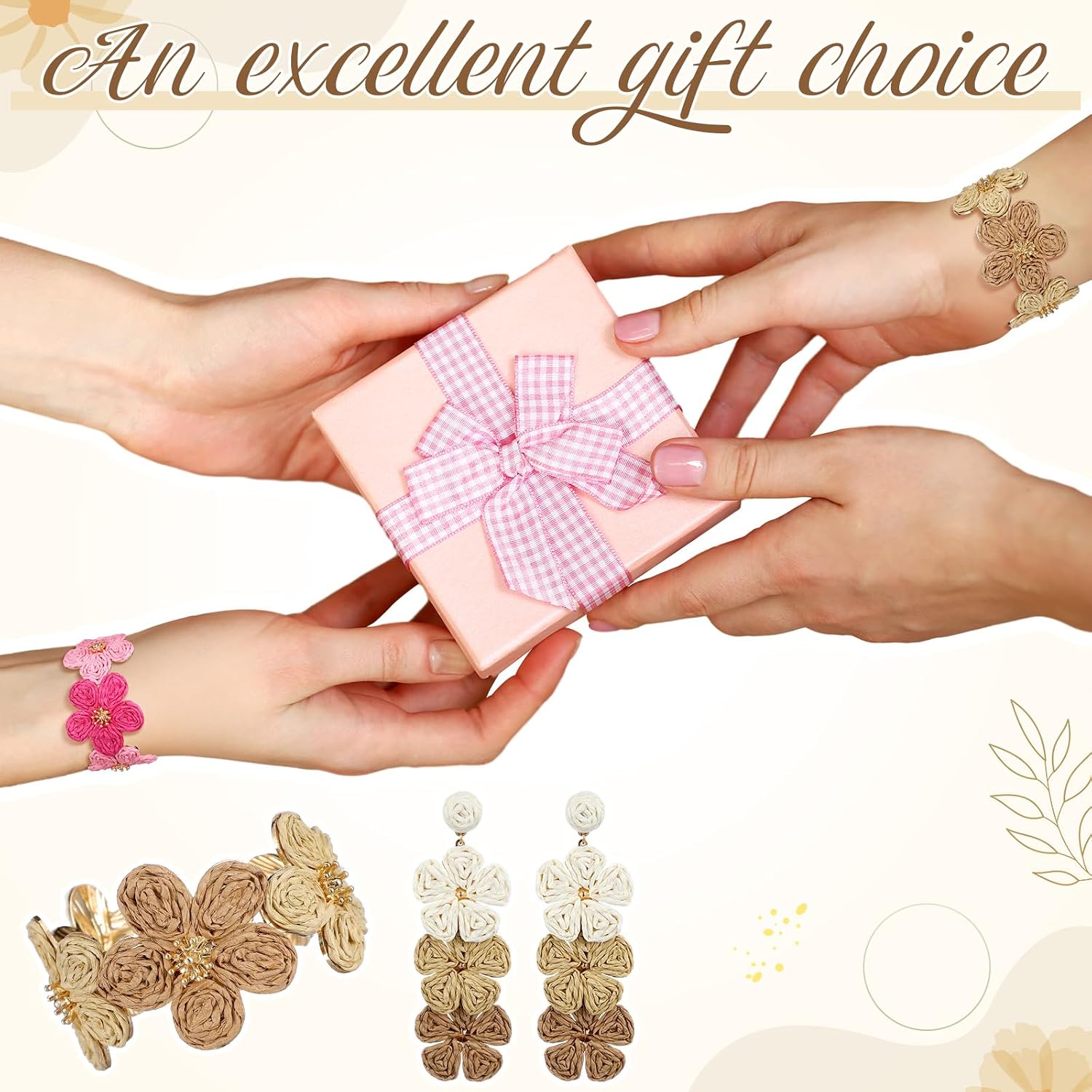 Tondiamo 3 Pcs Raffia Jewelry Set for Women Boho Daisy Flower Necklace, Open Cuff Bracelet, Earrings, Gift for Mom