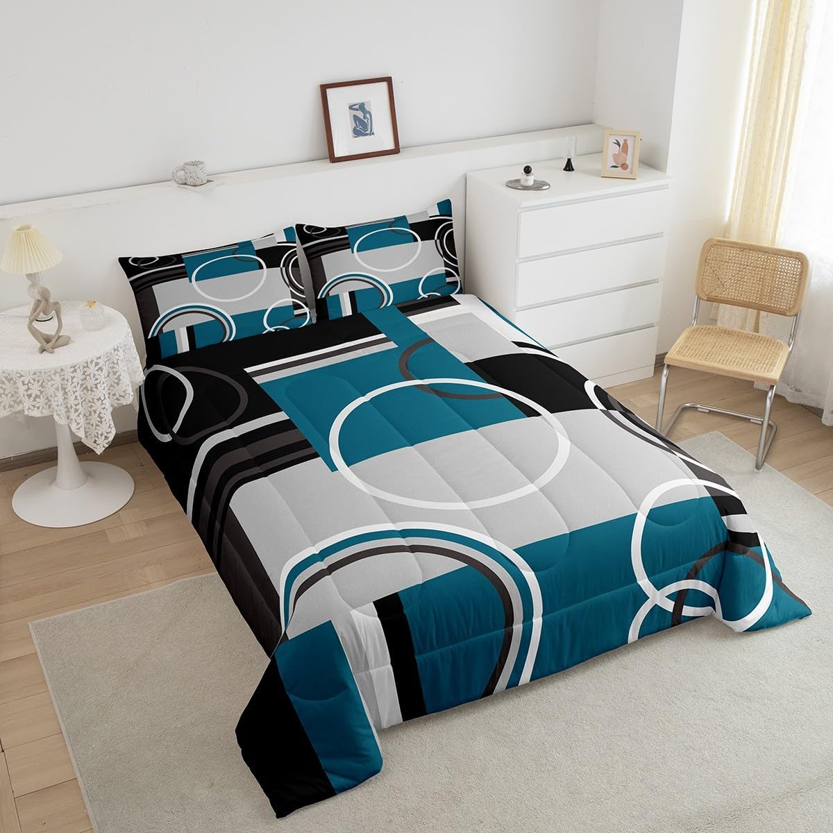 Erosebridal Modern Turquoise Decor Comforter Set Gray Black Blue Stripe Geometric Down Comforter Queen Size Retro Circle Swirls Bedding Set Modern Abstract Texture Color Art Duvet Set - Image 3
