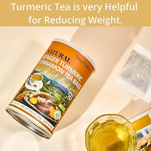 Miniatura 7 de 50 bolsas de té de cúrcuma, jengibre y canela de alta calidad, bolsas de té de jengibre natural VitalForest  Té de cúrcuma pura  Té de hierbas de