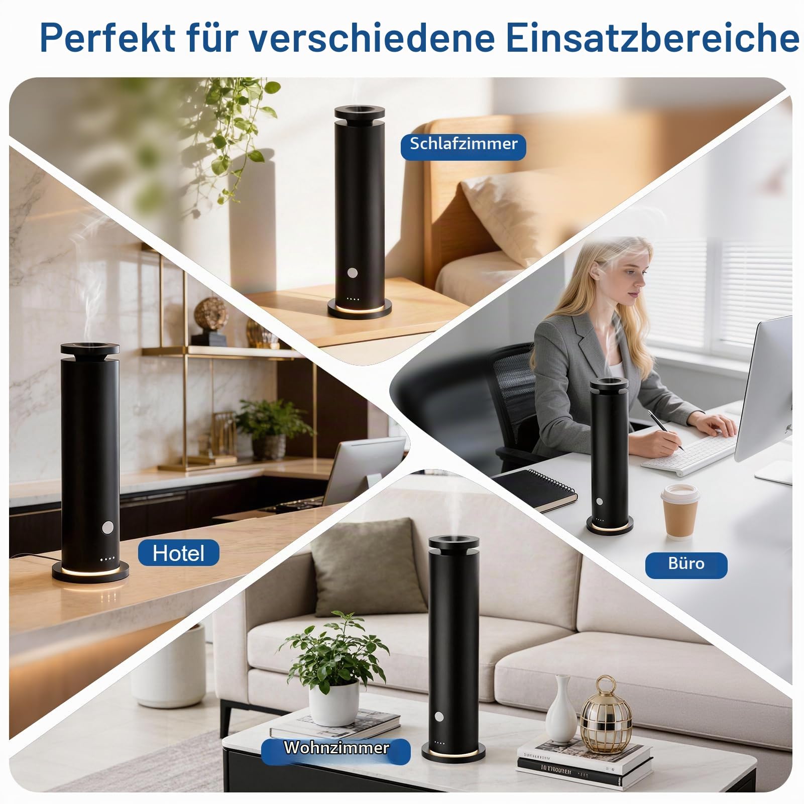 Wasserloser Aroma Diffuser Starter-Kit mit 5 Ätherischen Ölen, Diffuser für Ätherische Öle 150 m² Raumabdeckung, 6 Intensitätsstufen, Fernbedienung, Timer, 20 dB, Duft Diffuser Schwarz