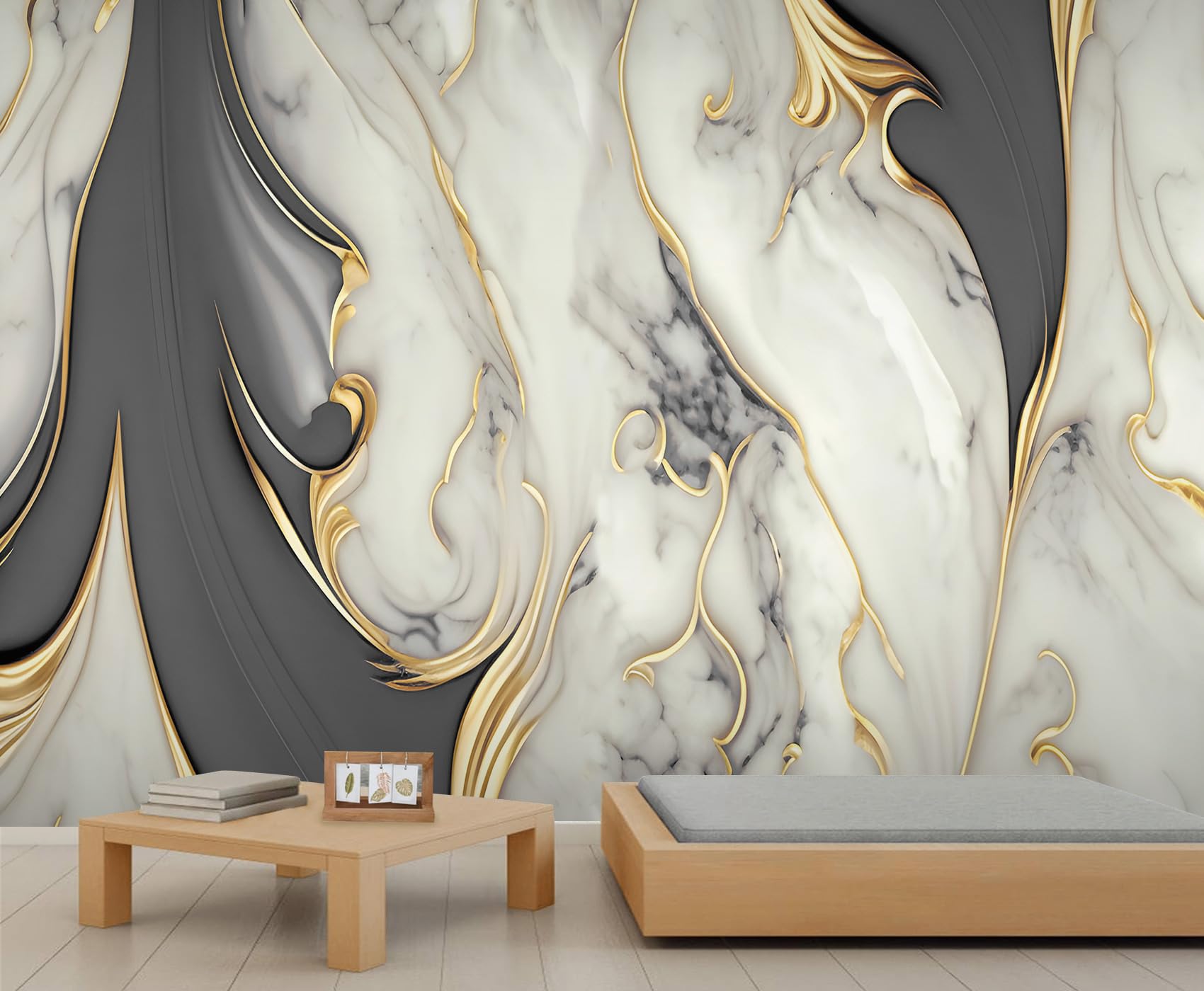 Gray-Gold Marble Mural Abstract Marble Texture Mural Paper Modern Art Light Luxury Striped Murals Large Wall Murals for Living Room Bedroom Study Room 100 x 70 cm