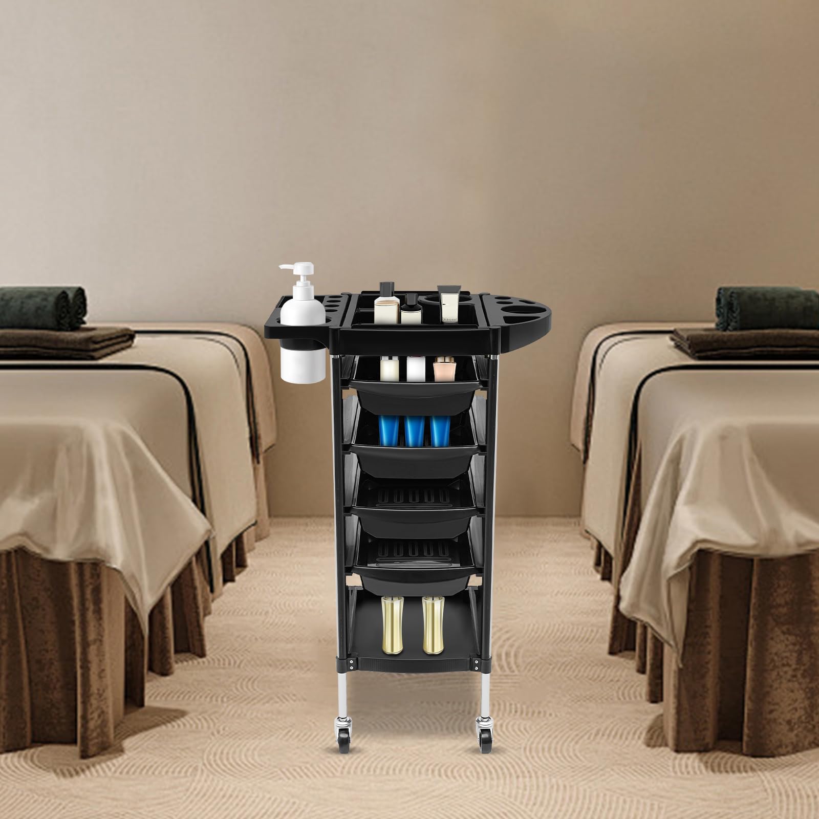 Carrello da Parrucchiere a 6 Ripiani con Ripiani estensibili Professionale con 4 cassetti e Ruote silenziose per Centri estetici e Centri estetici (34 x 37 x 88 cm)
