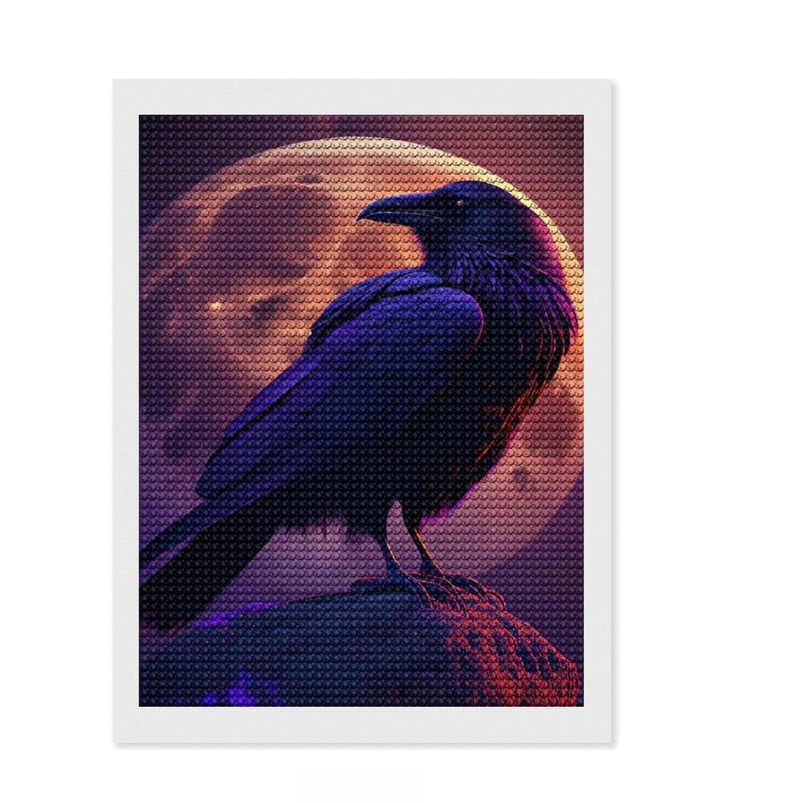 Junmoney Raven Moon Night Diamond Painting Set 12"x16", Fun Craft Experience, Complete Accessories, Office Decor, Gift Idea, with Tool Kit