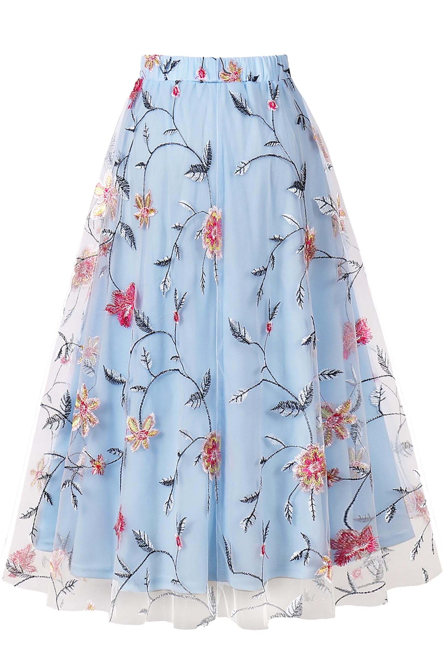 AXOE Damen Tüllrock Midi mit Blumenstickerei 3-Lagiger A-Linien Sommerrock Elegant Gummizug Romantischer Boho Mesh Rock für Hochzeit, Party & Festliche